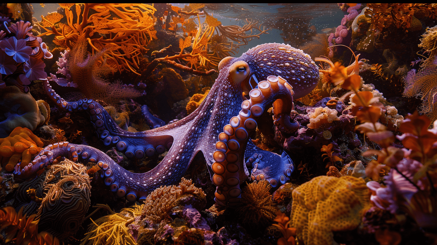 A color-switching octopus blending into coral reefs