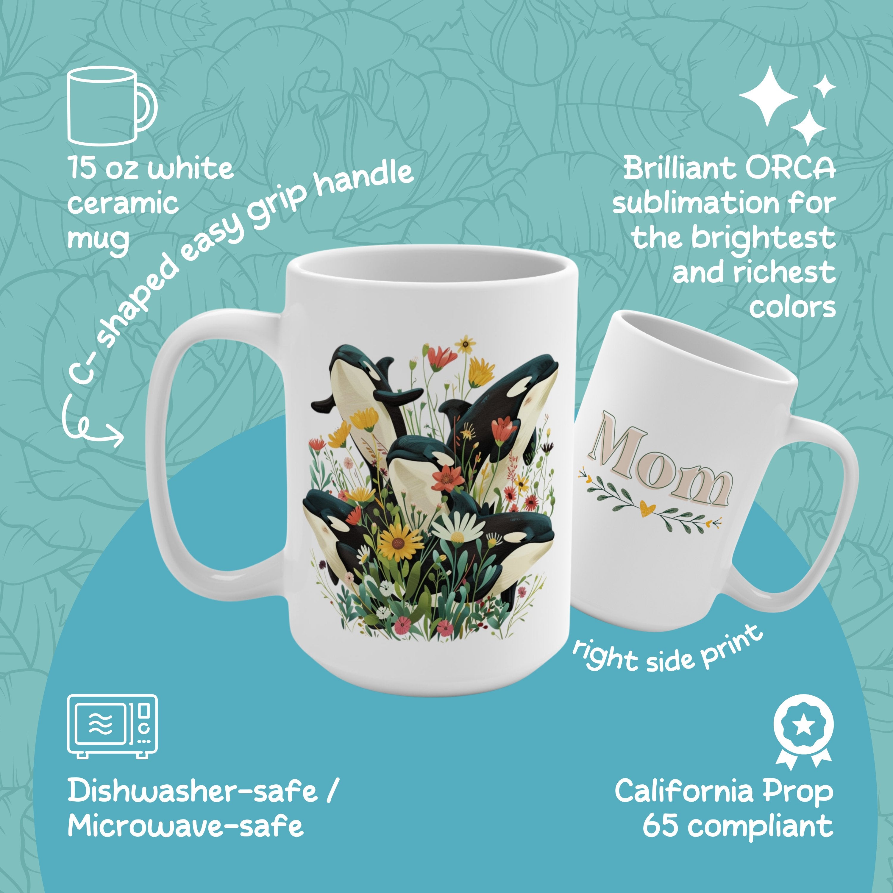 15 Mama Orca Whale Mug, Mother's Day Coffee Cup, Gift For Grandma or Mom - Mug - Chromatic Safari - 15oz -