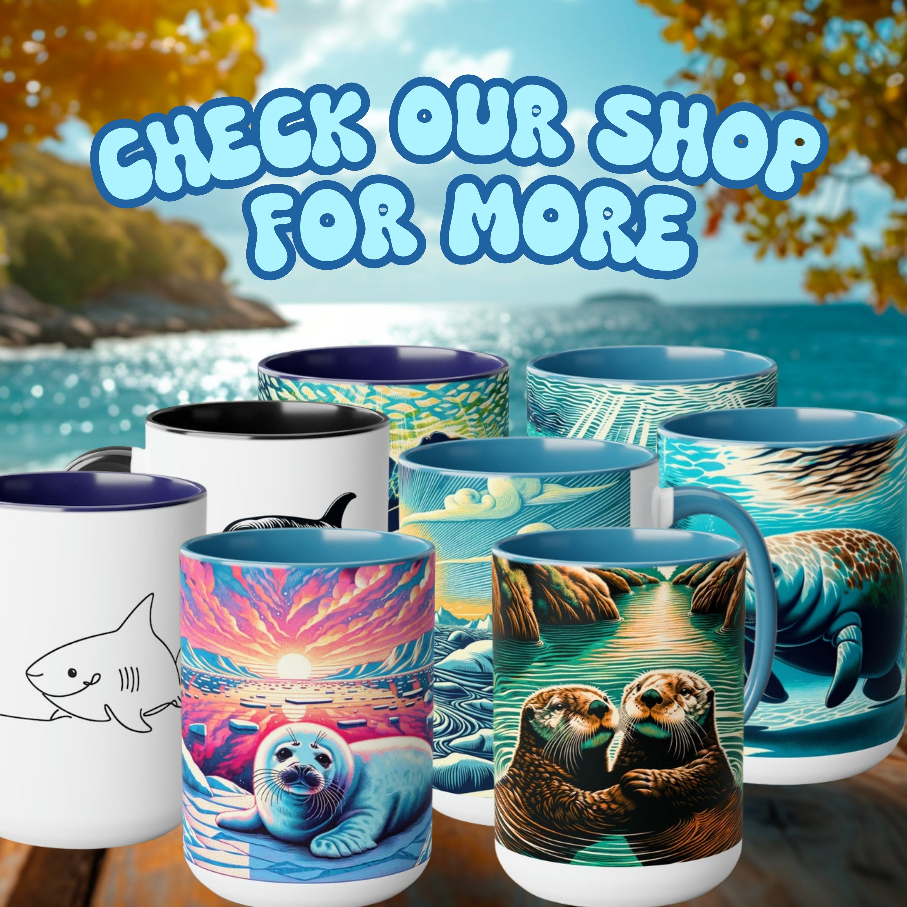 15 oz Cute Couple Woodcut Otter Mug | Ocean Conservation 15 oz Ceramic Coffee Cup | Gift for Sea Mammal Lovers & Conservationists - Mug - Chromatic Safari - 15oz - Light Blue