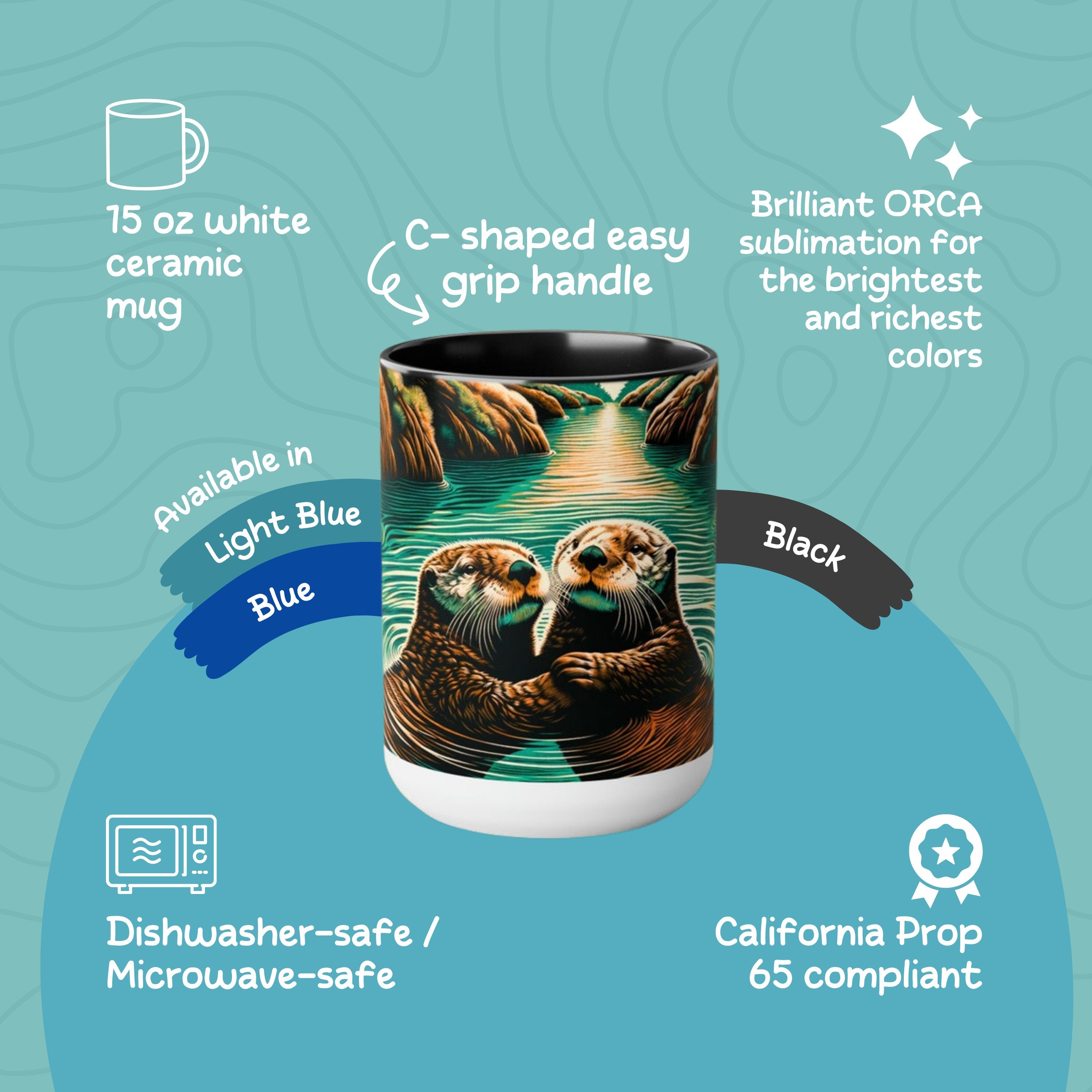 15 oz Cute Couple Woodcut Otter Mug | Ocean Conservation 15 oz Ceramic Coffee Cup | Gift for Sea Mammal Lovers & Conservationists - Mug - Chromatic Safari - 15oz - Blue