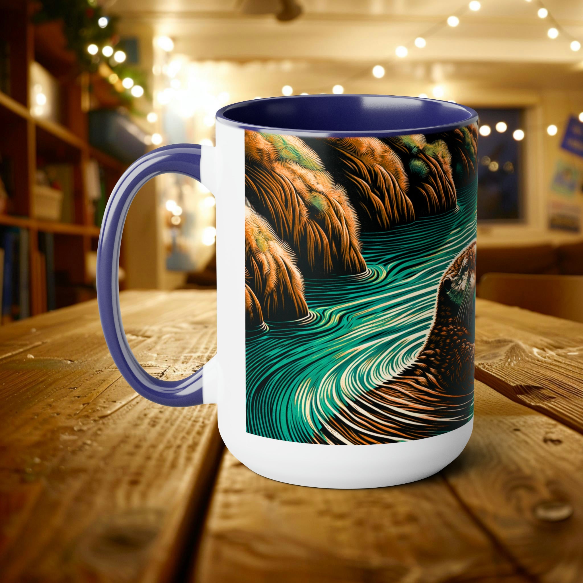 15 oz Cute Couple Woodcut Otter Mug | Unique Handcrafted Latte Mug Cup | Gift for Sea Mammal Lovers & Conservationists - Mug - Chromatic Safari - 15oz - Light Blue