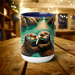 15 oz Cute Couple Woodcut Otter Mug | Unique Handcrafted Latte Mug Cup | Gift for Sea Mammal Lovers & Conservationists - Mug - Chromatic Safari - 15oz - Blue