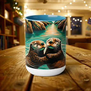 15 oz Cute Couple Woodcut Otter Mug | Unique Handcrafted Latte Mug Cup | Gift for Sea Mammal Lovers & Conservationists - Mug - Chromatic Safari - 15oz - Light Blue