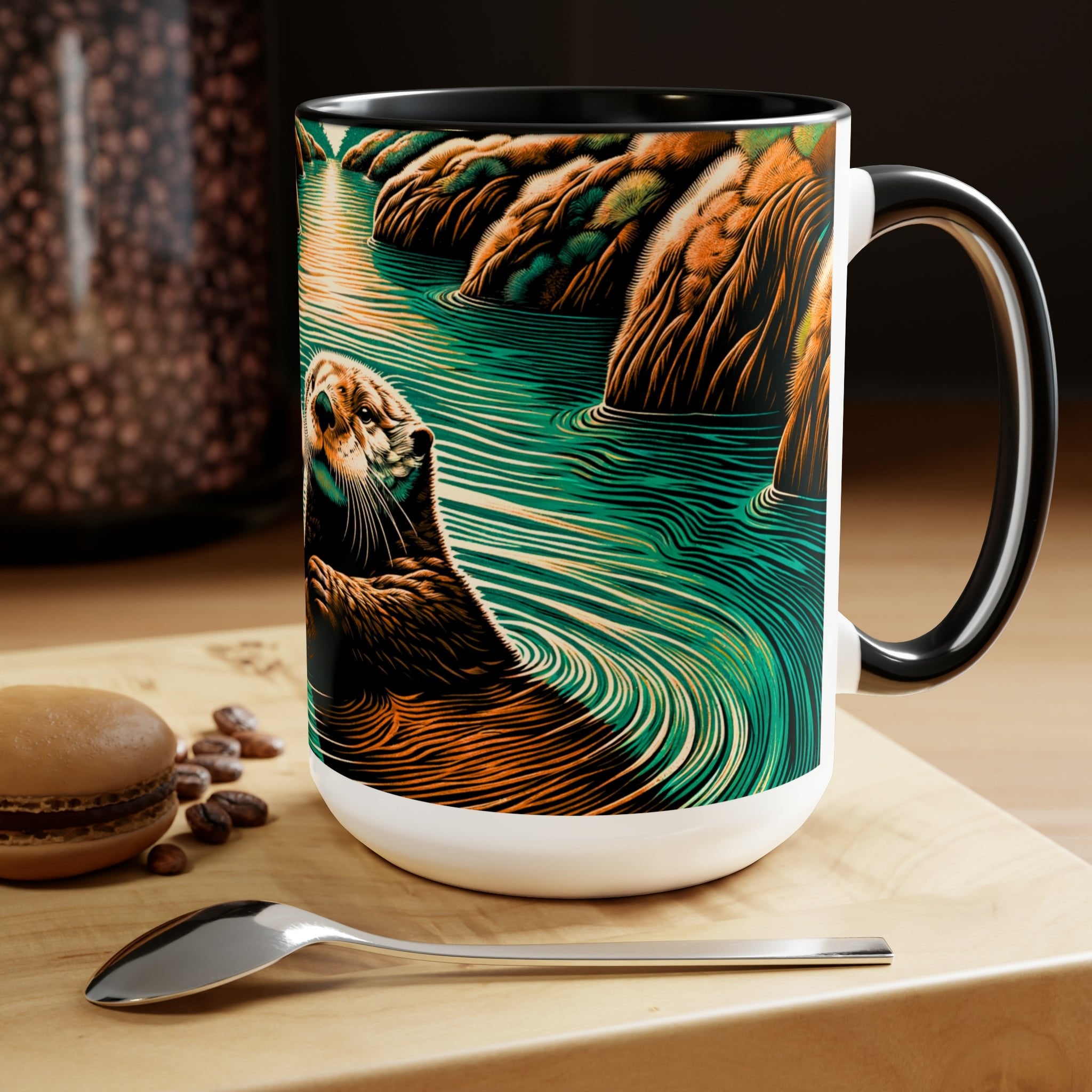 15 oz Cute Couple Woodcut Otter Mug | Unique Handcrafted Latte Mug Cup | Gift for Sea Mammal Lovers & Conservationists - Mug - Chromatic Safari - 15oz - Light Blue