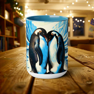 15 oz Love Penguins Mug | Unique Handcrafted Woodcut Latte Mug Cup | Gift for Couple Sea Mammal Lovers & Conservationists - Mug - Chromatic Safari - 15oz - Light Blue