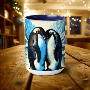 15 oz Love Penguins Mug | Unique Handcrafted Woodcut Latte Mug Cup | Gift for Couple Sea Mammal Lovers & Conservationists - Mug - Chromatic Safari - 15oz - Blue