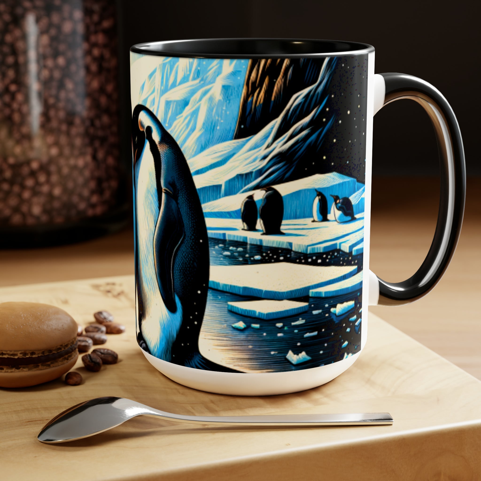 15 oz Love Penguins Mug | Unique Handcrafted Woodcut Latte Mug Cup | Gift for Couple Sea Mammal Lovers & Conservationists - Mug - Chromatic Safari - 15oz - Light Blue