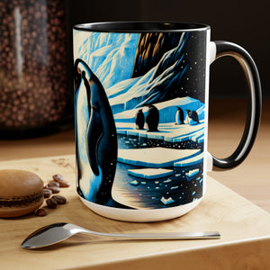 15 oz Love Penguins Mug | Unique Handcrafted Woodcut Latte Mug Cup | Gift for Couple Sea Mammal Lovers & Conservationists - Mug - Chromatic Safari - 15oz - Light Blue