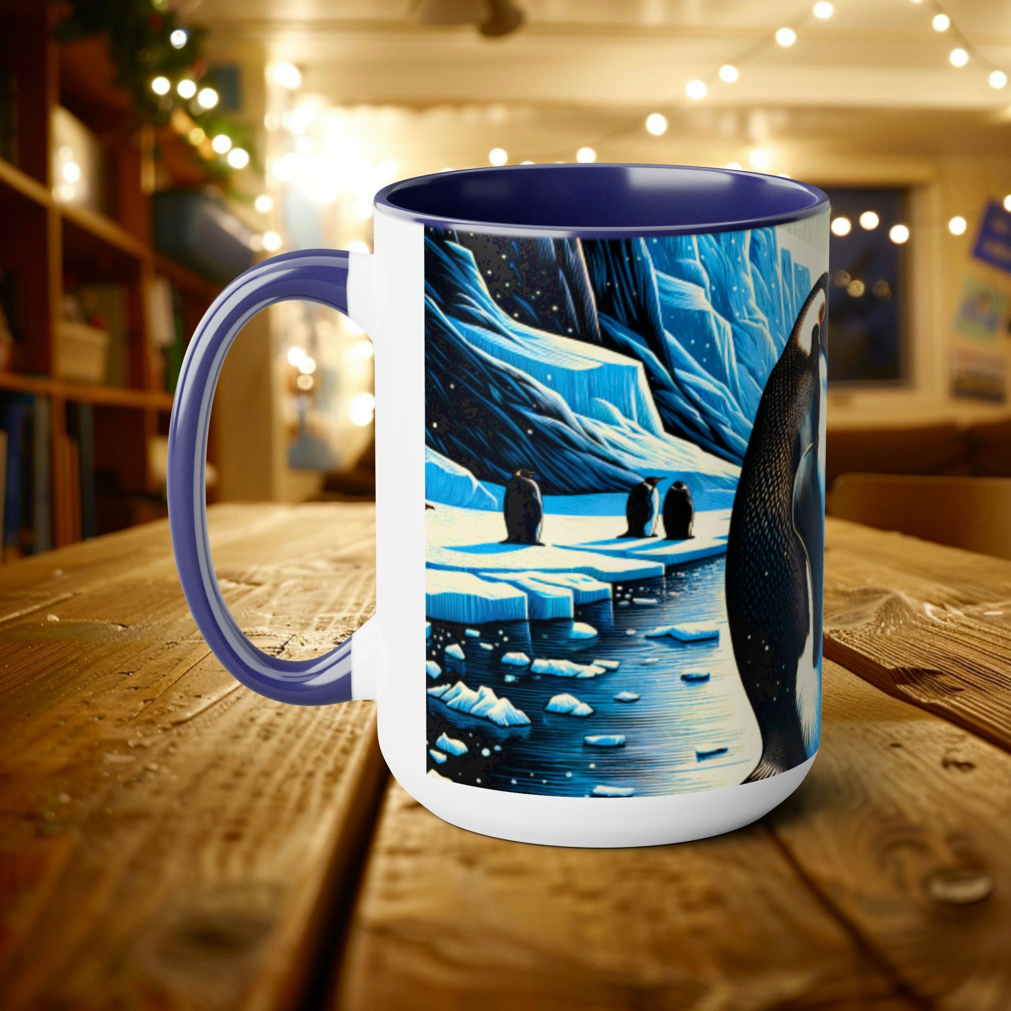 15 oz Love Penguins Mug | Unique Handcrafted Woodcut Latte Mug Cup | Gift for Couple Sea Mammal Lovers & Conservationists - Mug - Chromatic Safari - 15oz - Light Blue