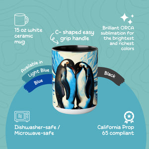 15 oz Love Penguins Mug | Unique Handcrafted Woodcut Latte Mug Cup | Gift for Couple Sea Mammal Lovers & Conservationists - Mug - Chromatic Safari - 15oz - Blue