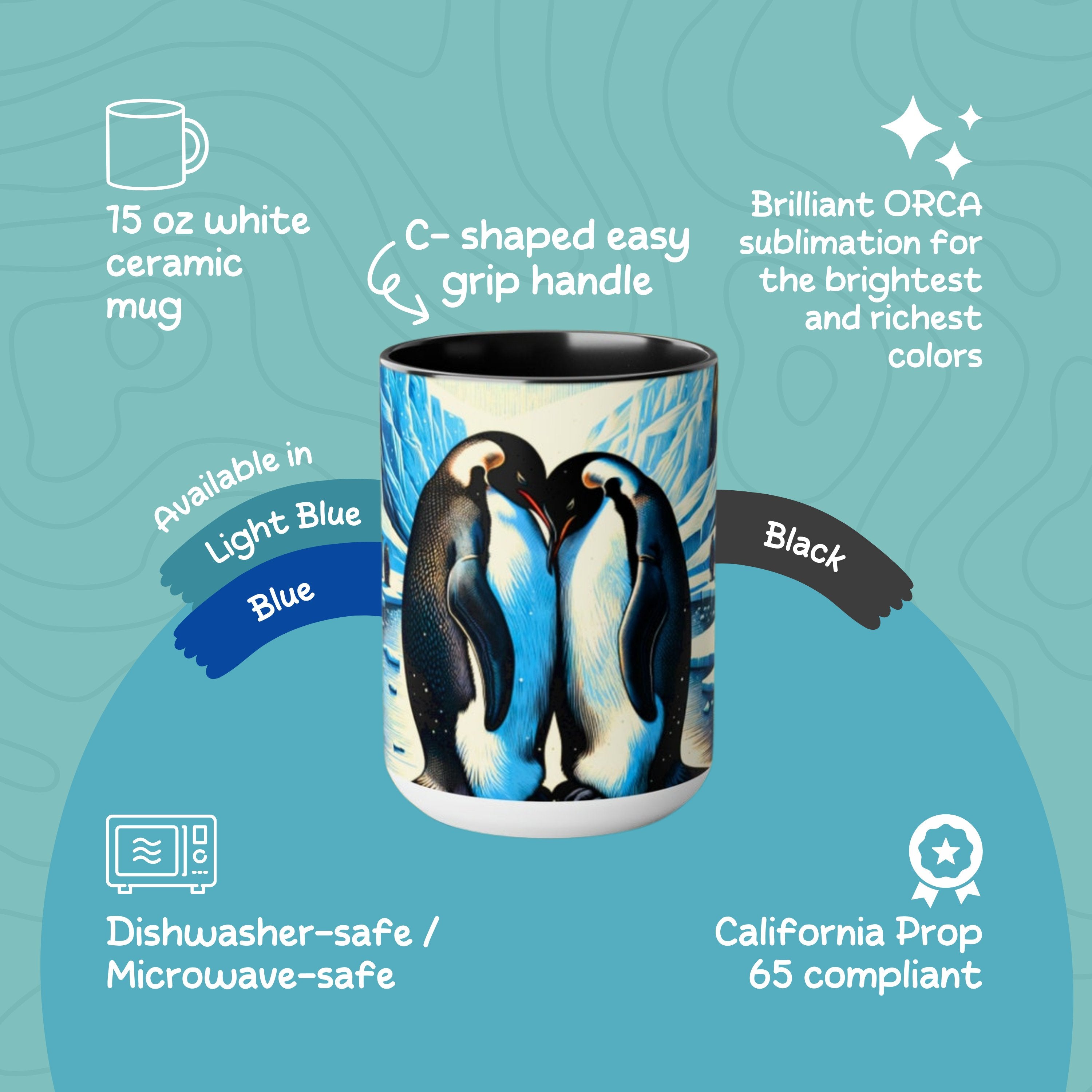 15 oz Love Penguins Mug | Unique Handcrafted Woodcut Latte Mug Cup | Gift for Couple Sea Mammal Lovers & Conservationists - Mug - Chromatic Safari - 15oz - Blue