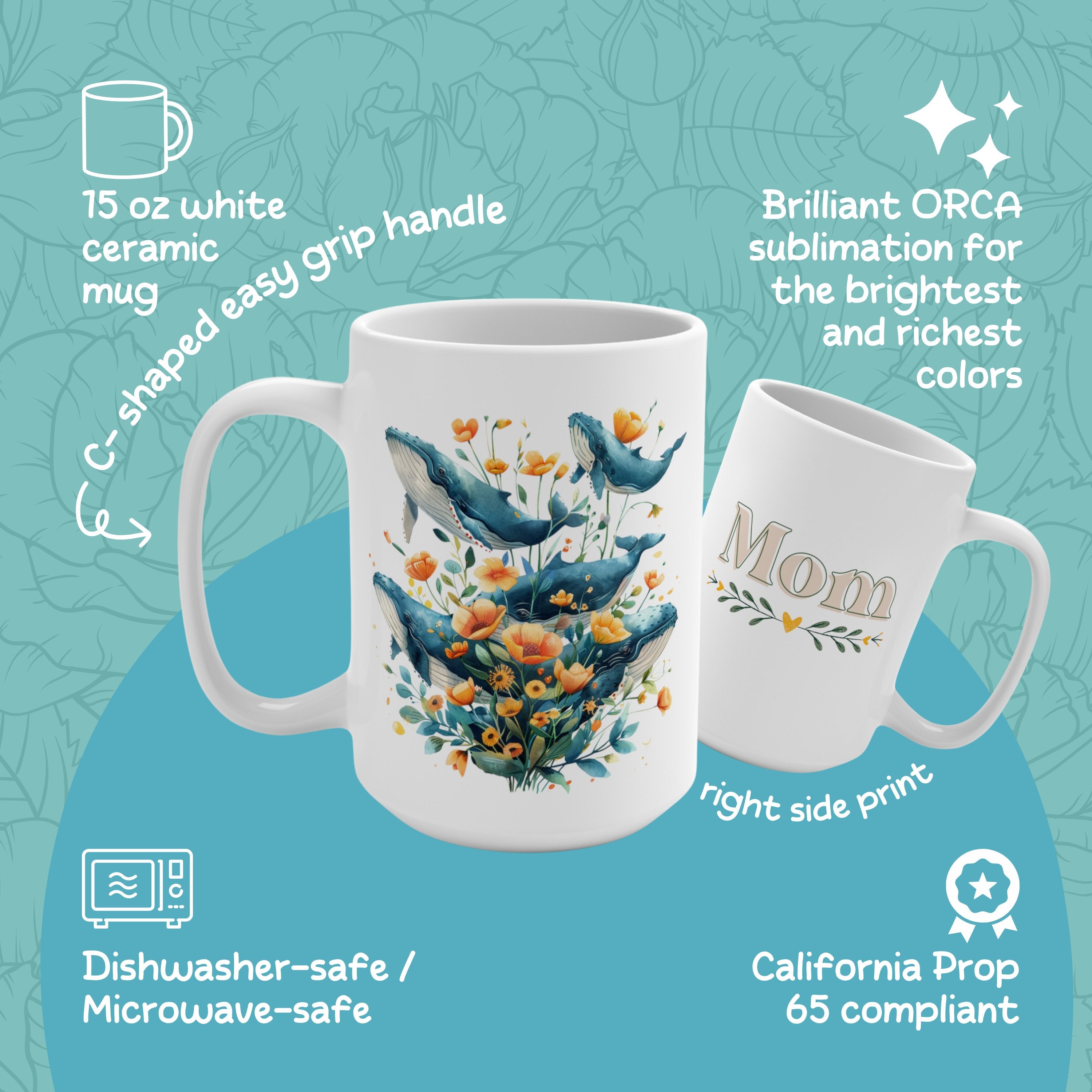 15 oz Mama Humpback Whale Mug, Nana Mother's day Coffee Cup, Gift for Mom or Grandma - Mug - Chromatic Safari - 15oz -