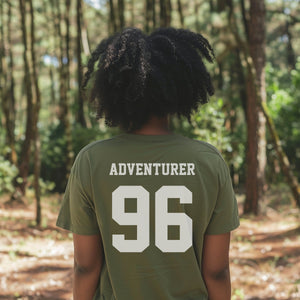 Adventurer Hiking and Backpacking Personalized Shirt, Custom Back Print Varsity Font T-shirt, Gift for Campers, Hikers and Adventurers - T-Shirt - Chromatic Safari - Moss - S