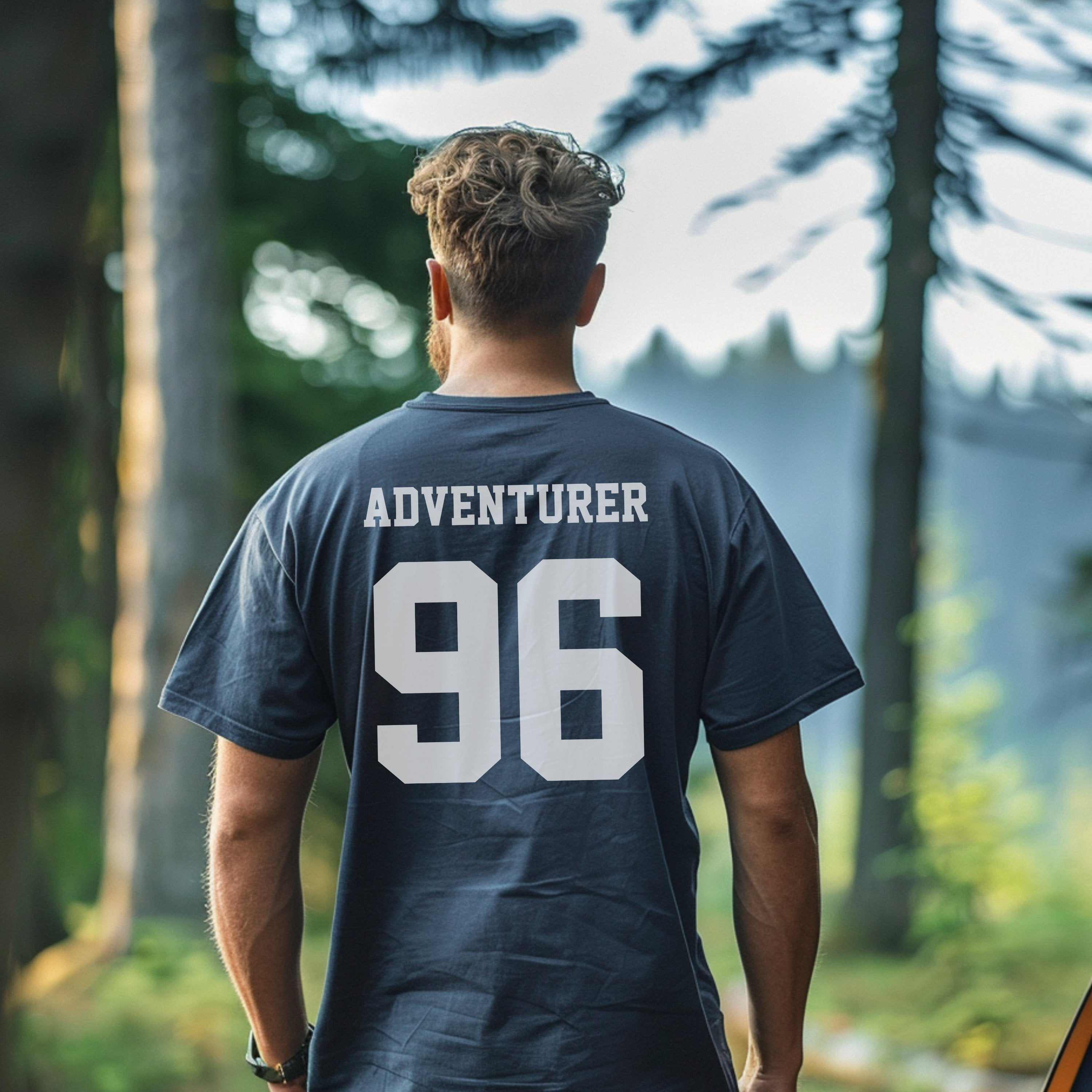 Adventurer Hiking and Backpacking Personalized Shirt, Custom Back Print Varsity Font T-shirt, Gift for Campers, Hikers and Adventurers - T-Shirt - Chromatic Safari - True Navy - S