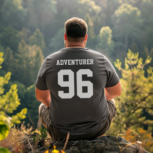 Adventurer Hiking and Backpacking Personalized Shirt, Custom Back Print Varsity Font T-shirt, Gift for Campers, Hikers and Adventurers - T-Shirt - Chromatic Safari - Pepper - S