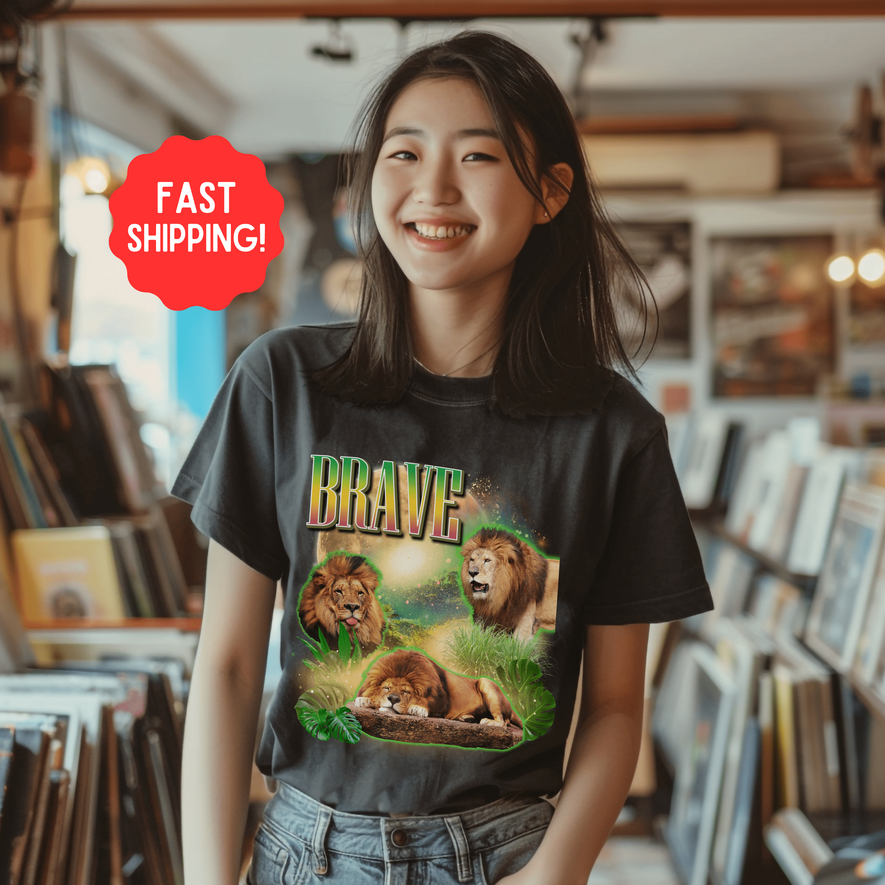 Band Shirt, Retro Three Lions Vintage Graphic T-shirts, Fun Wild Animal Silly Shirt, Gift For Lion Lovers - T-Shirt - Chromatic Safari - Pepper - S