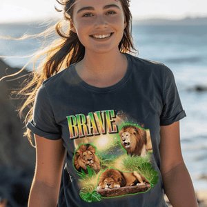 Band Shirt, Retro Three Lions Vintage Graphic T-shirts, Fun Wild Animal Silly Shirt, Gift For Lion Lovers - T-Shirt - Chromatic Safari - Pepper - S