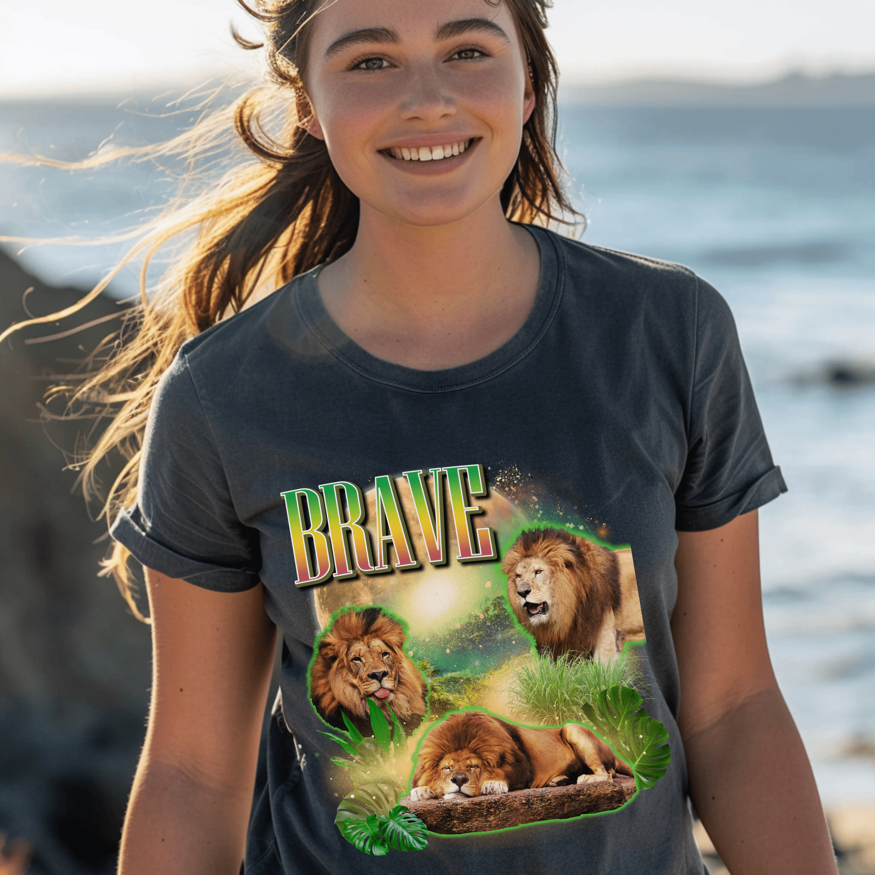 Band Shirt, Retro Three Lions Vintage Graphic T-shirts, Fun Wild Animal Silly Shirt, Gift For Lion Lovers - T-Shirt - Chromatic Safari - Pepper - S