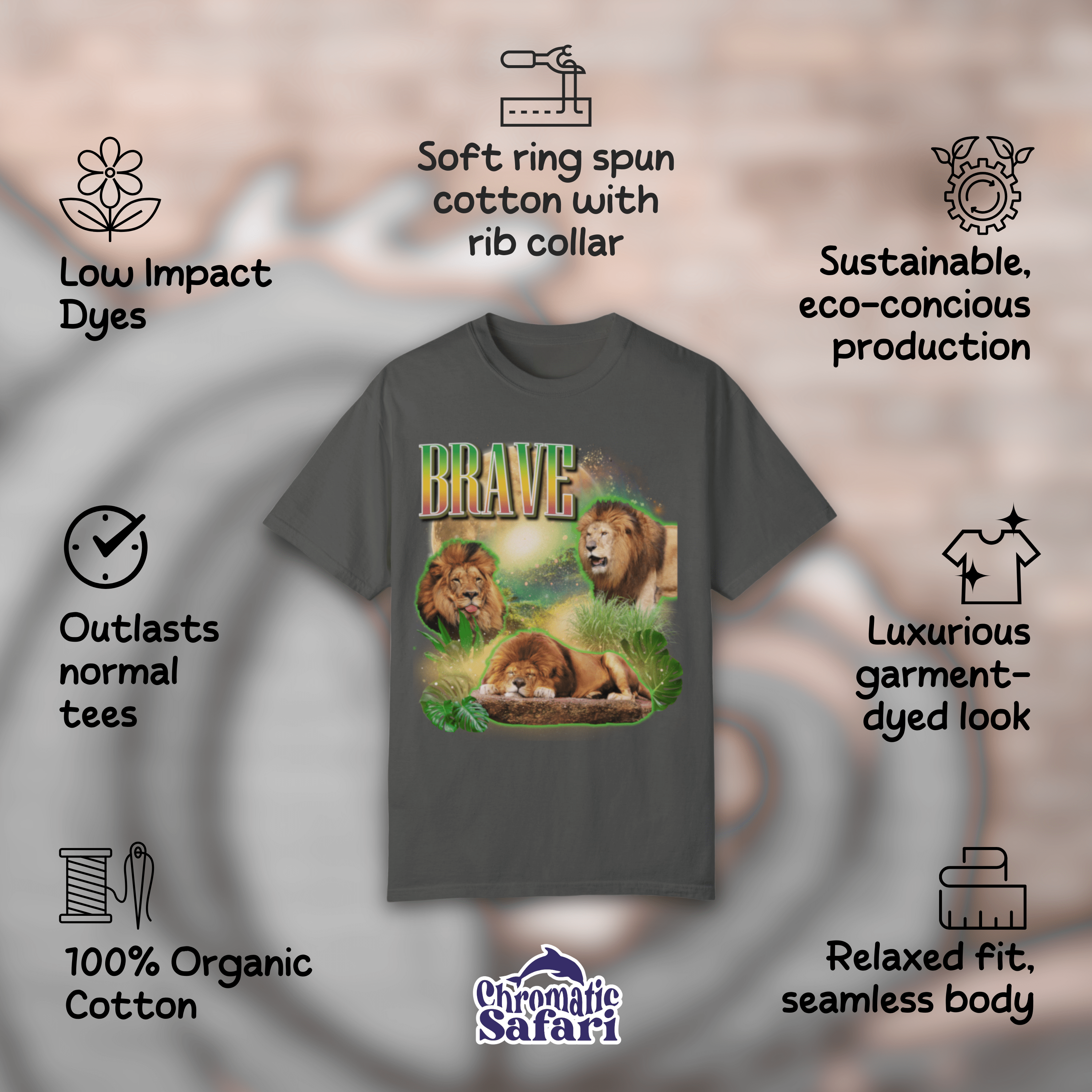 Band Shirt, Retro Three Lions Vintage Graphic T-shirts, Fun Wild Animal Silly Shirt, Gift For Lion Lovers - T-Shirt - Chromatic Safari - Pepper - S
