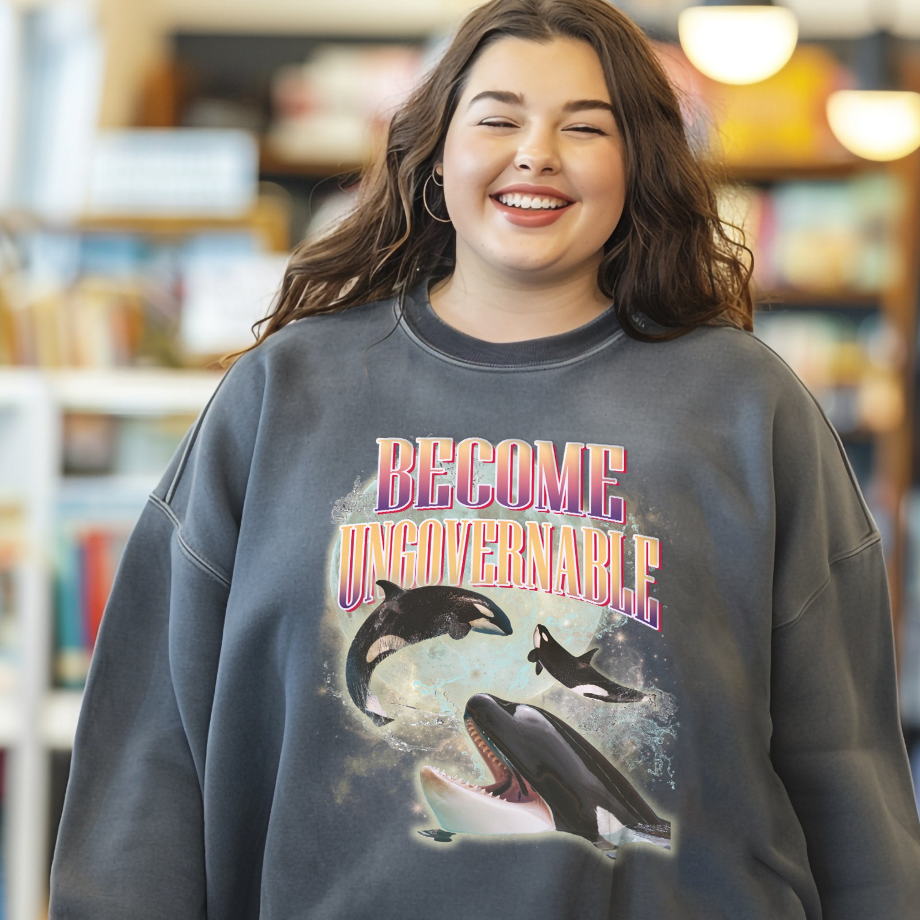 Become Ungovernable Silly Three Orca Whale One Moon Shirt, Retro Bootleg Rap Tee, Meme Graphic Tee Gift - T-Shirt - Chromatic Safari - Pepper - S