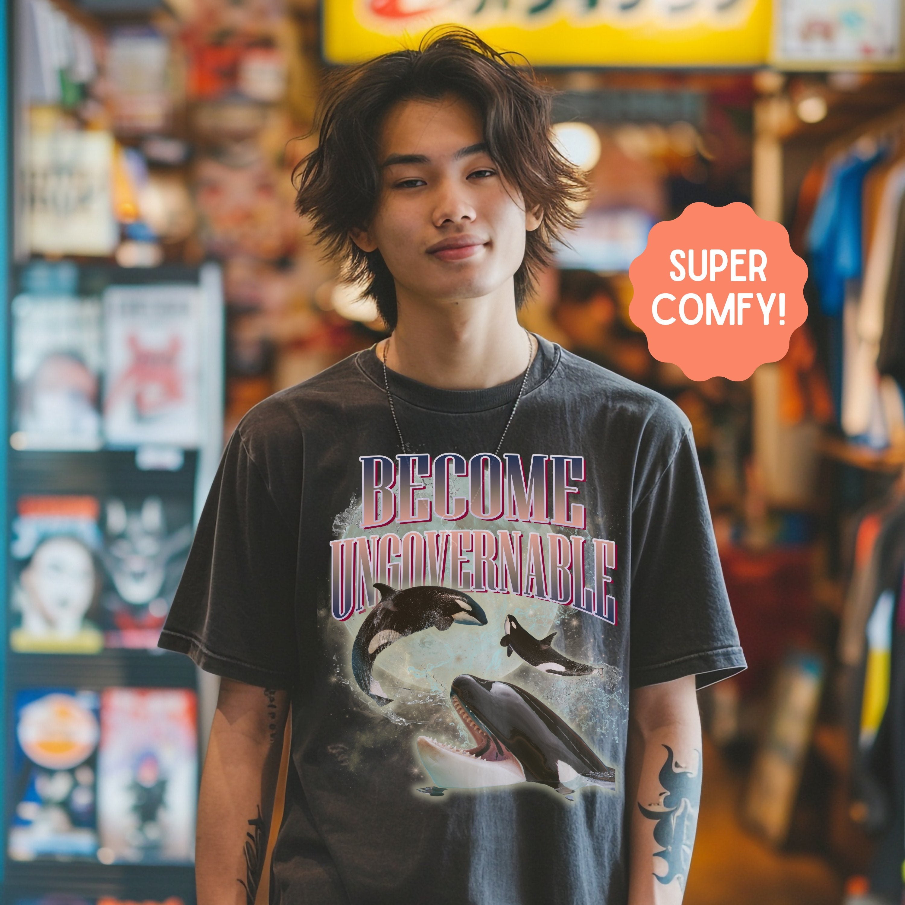 Become Ungovernable Three Orca Killer Whale One Moon Shirt, Retro Bootleg Rap Tee, Meme Graphic Tee Gift - T-Shirt - Chromatic Safari - Pepper - S