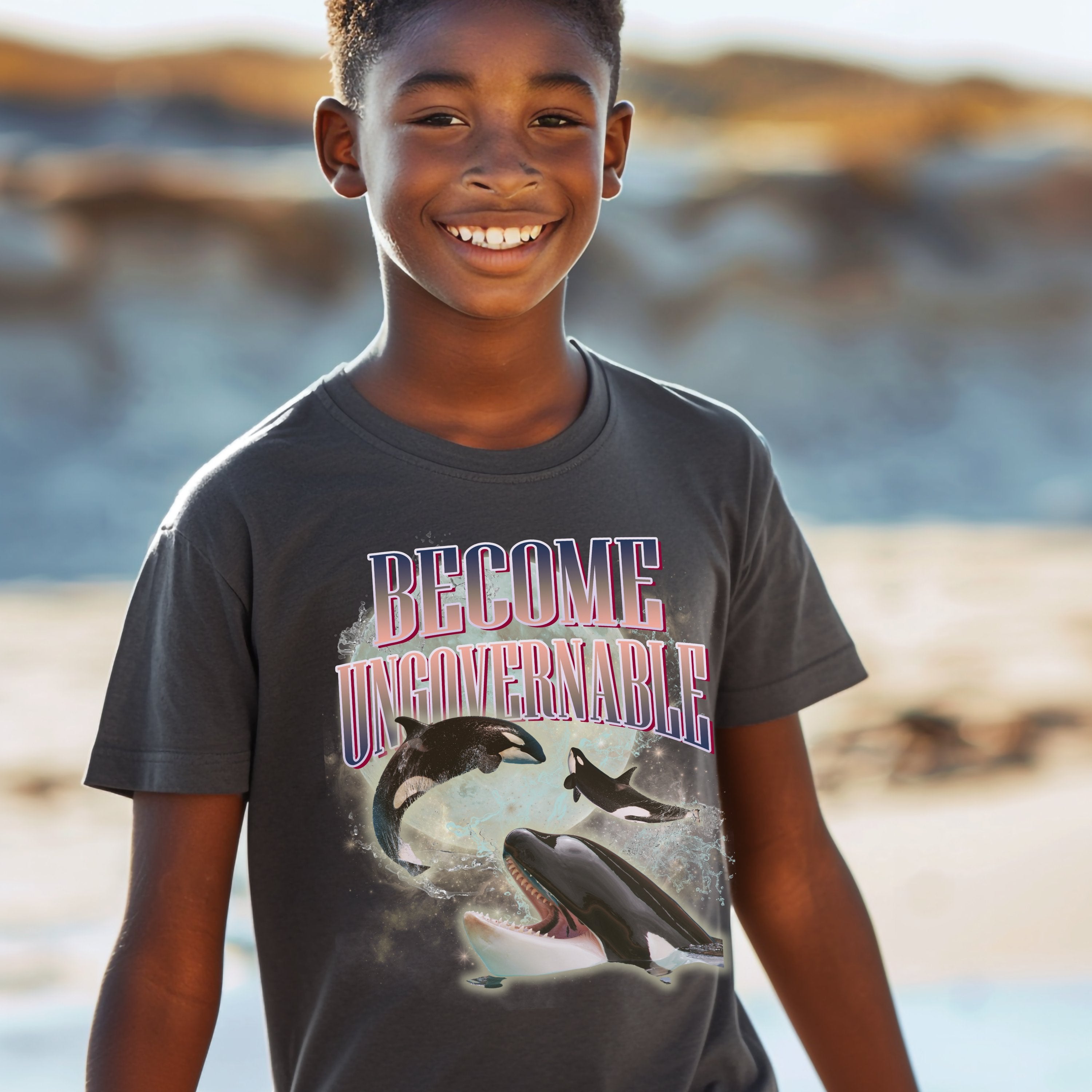 Become Ungovernable Three Orca Killer Whale One Moon Shirt, Retro Bootleg Rap Tee, Meme Graphic Tee Gift - T-Shirt - Chromatic Safari - Pepper - S