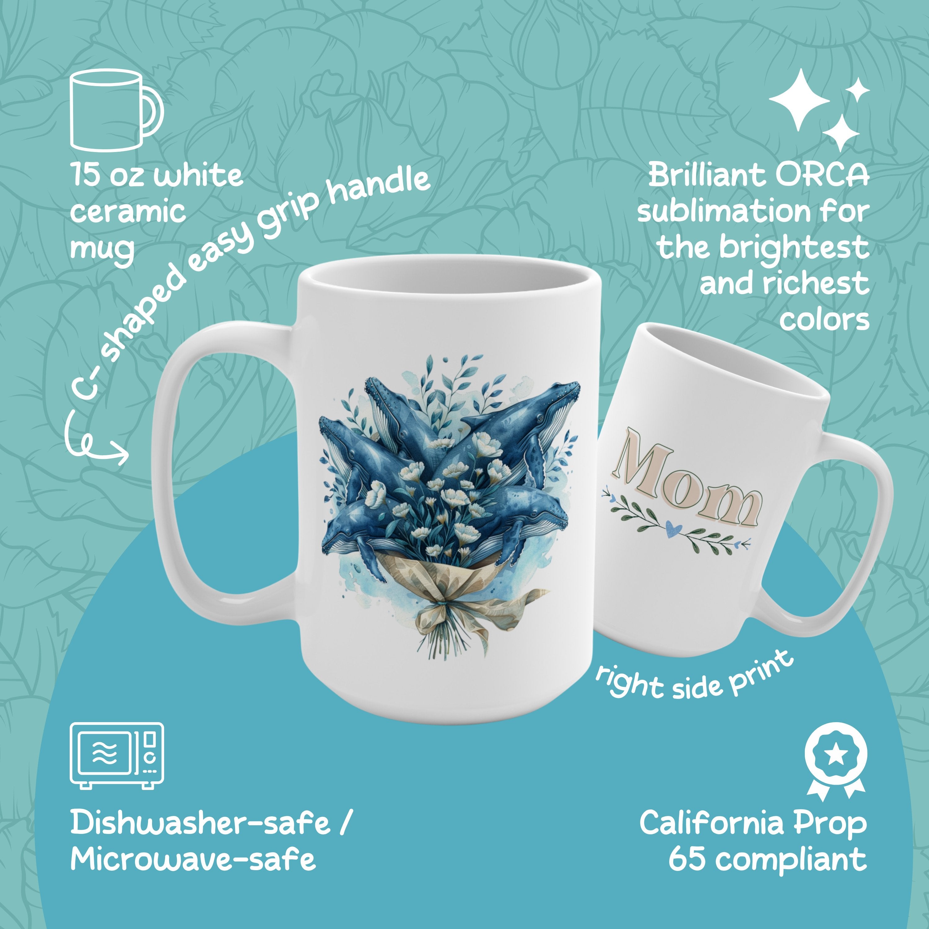 Blue Mum Humpback Whale Mug, 15oz Grandma Mom Coffee Cup, Gift for Mother's Day for Mama & Nana - Mug - Chromatic Safari - 15oz -