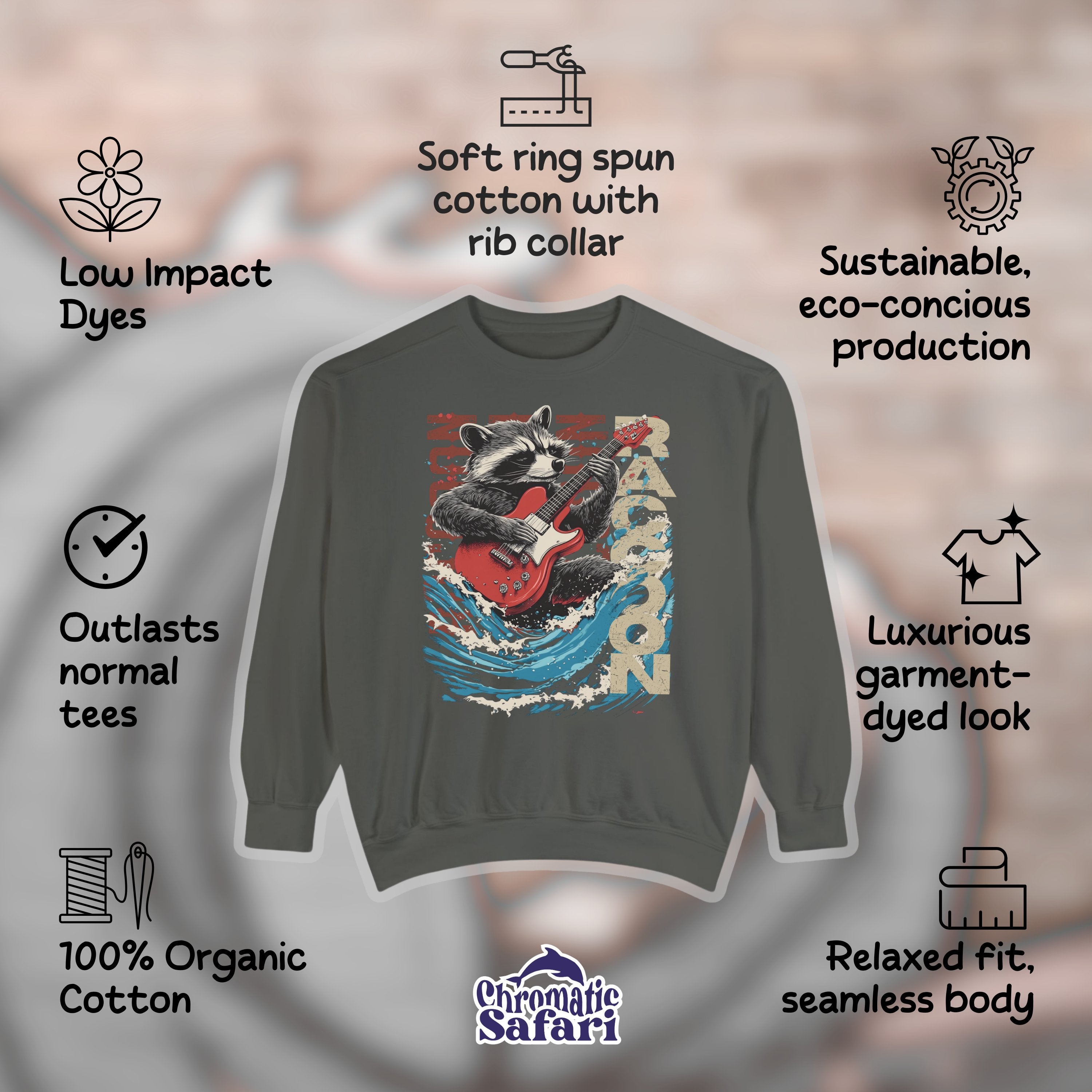 Bootleg Rocking Raccoon Trash Panda Vintage Retro Graphic Sweatshirt Tee, Fun Bootleg Band Shirt Pullover, Gift for Raccoon Lover, Gift For Him or Her - Sweatshirt - Chromatic Safari - Pepper - S