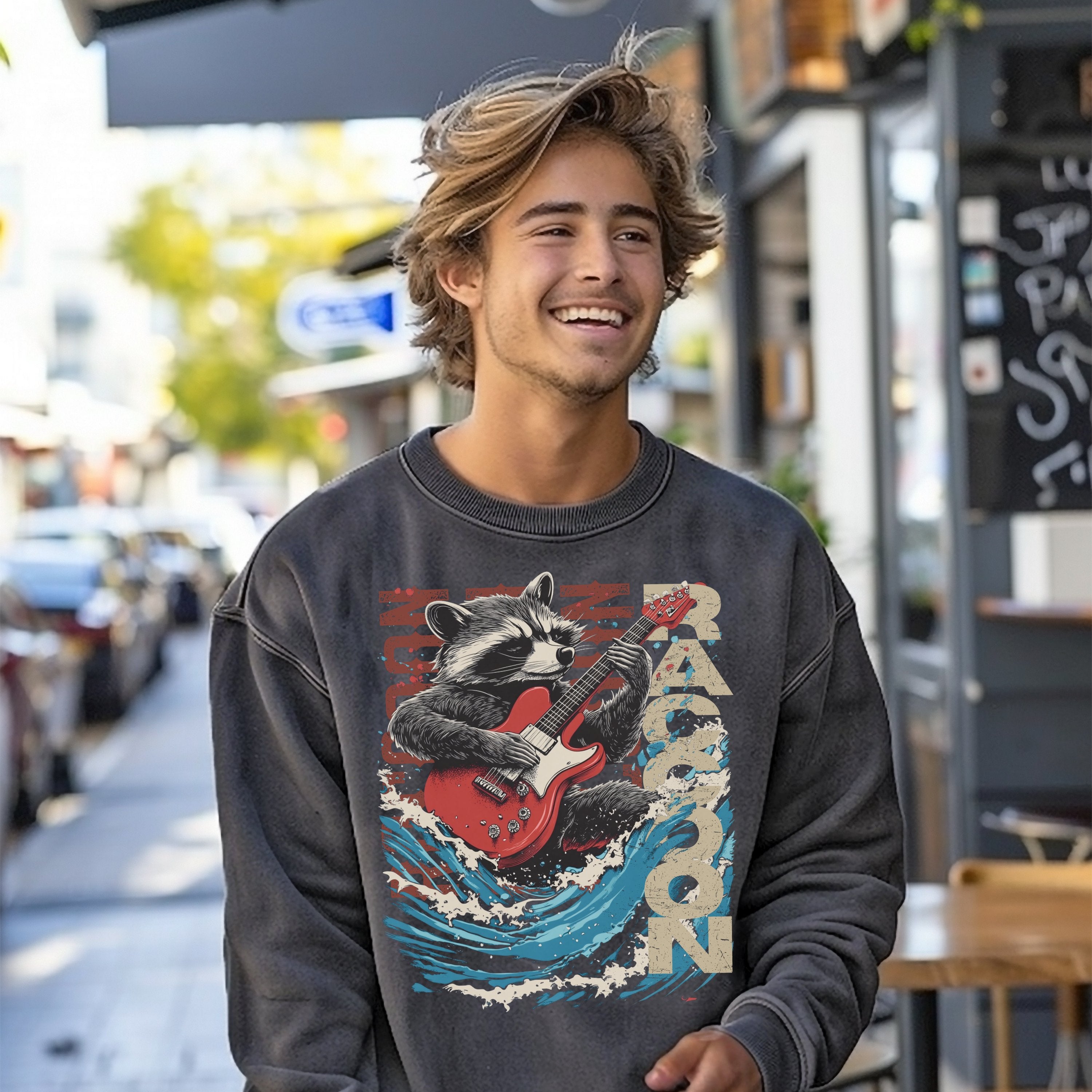 Bootleg Rocking Raccoon Trash Panda Vintage Retro Graphic Sweatshirt Tee, Fun Bootleg Band Shirt Pullover, Gift for Raccoon Lover, Gift For Him or Her - Sweatshirt - Chromatic Safari - Pepper - S