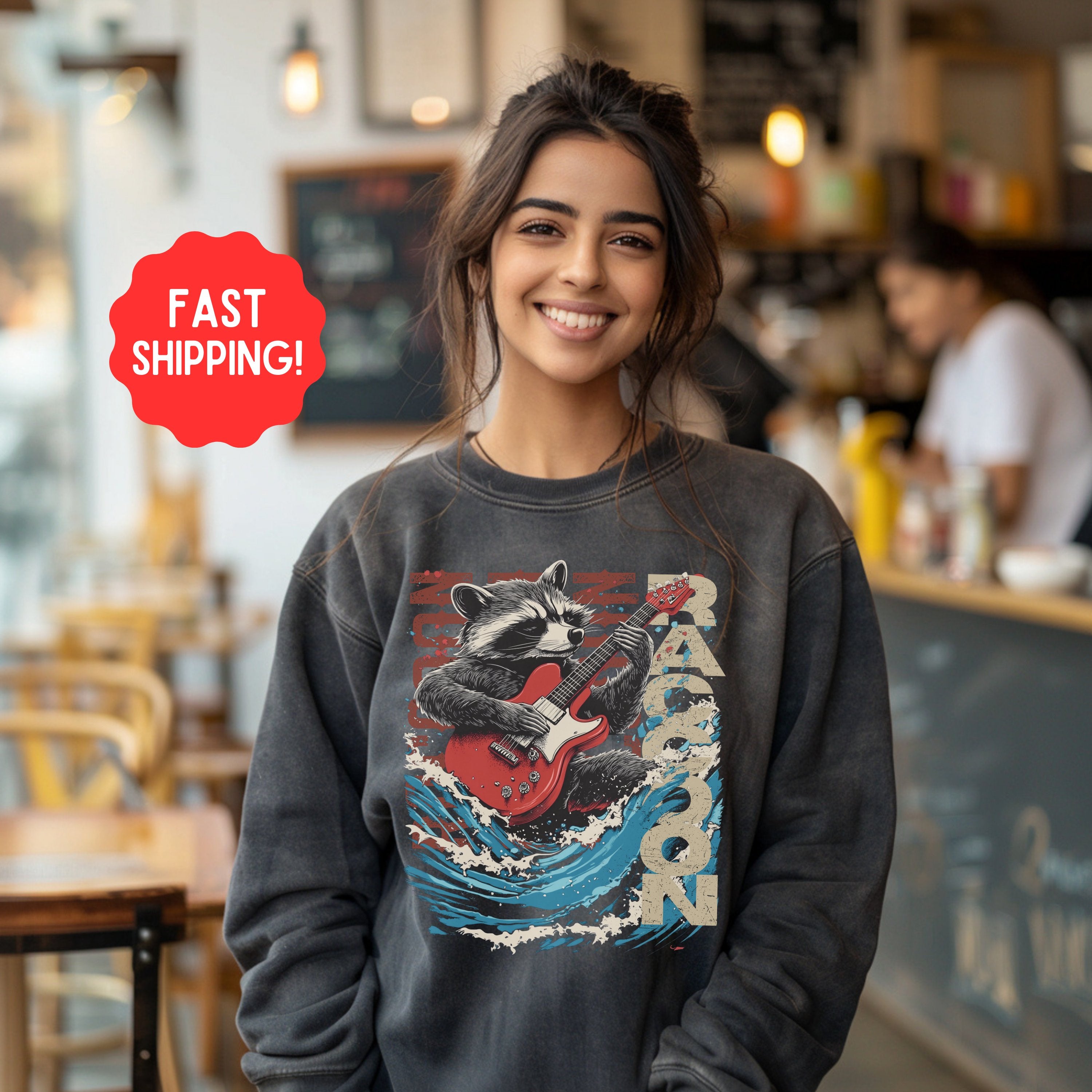 Bootleg Rocking Raccoon Trash Panda Vintage Retro Graphic Sweatshirt Tee, Fun Bootleg Band Shirt Pullover, Gift for Raccoon Lover, Gift For Him or Her - Sweatshirt - Chromatic Safari - Pepper - S