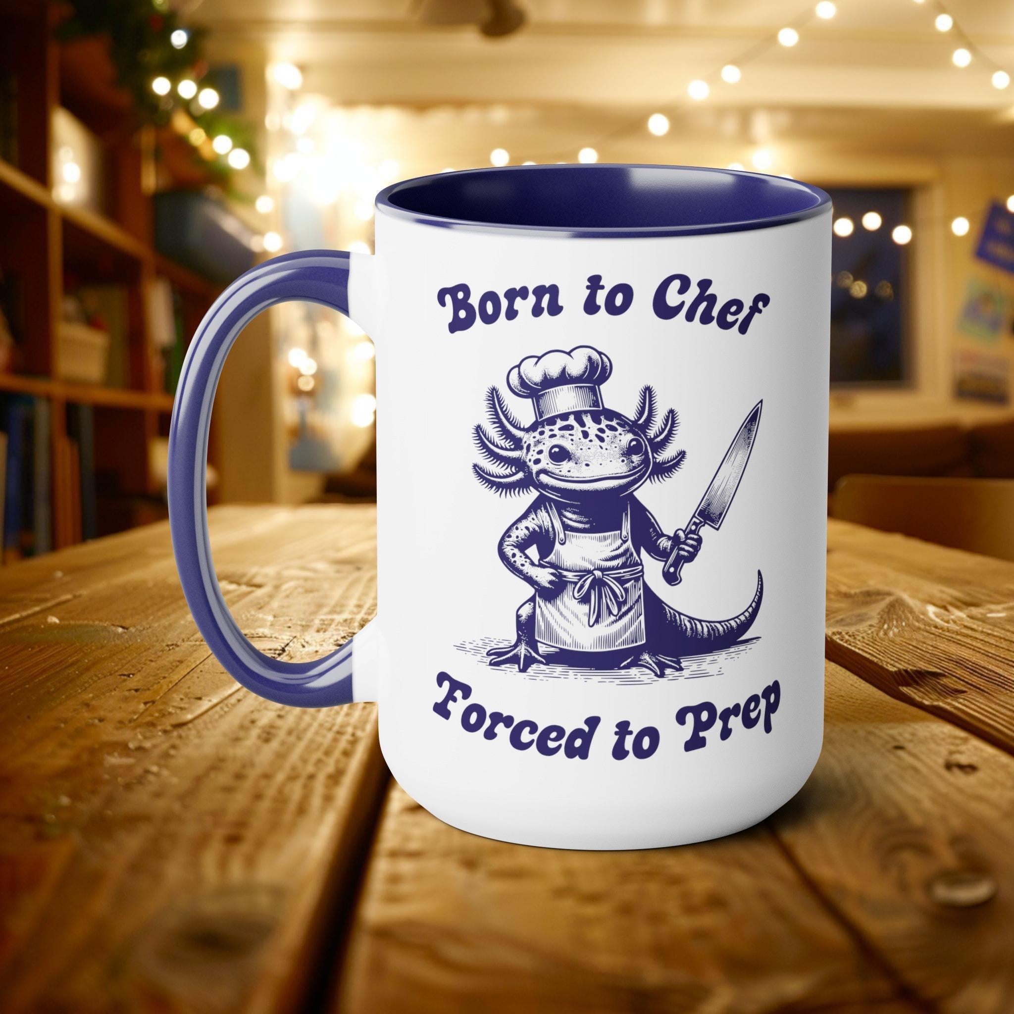 Born to Chef Forced to Prep Axolotl Apron Knife Mug, 15oz Vintage Marine Biology Fun Meme Ironic Mug Gift, Chef Culinary Gift Animal Lover - Mug - Chromatic Safari - 15oz - Blue