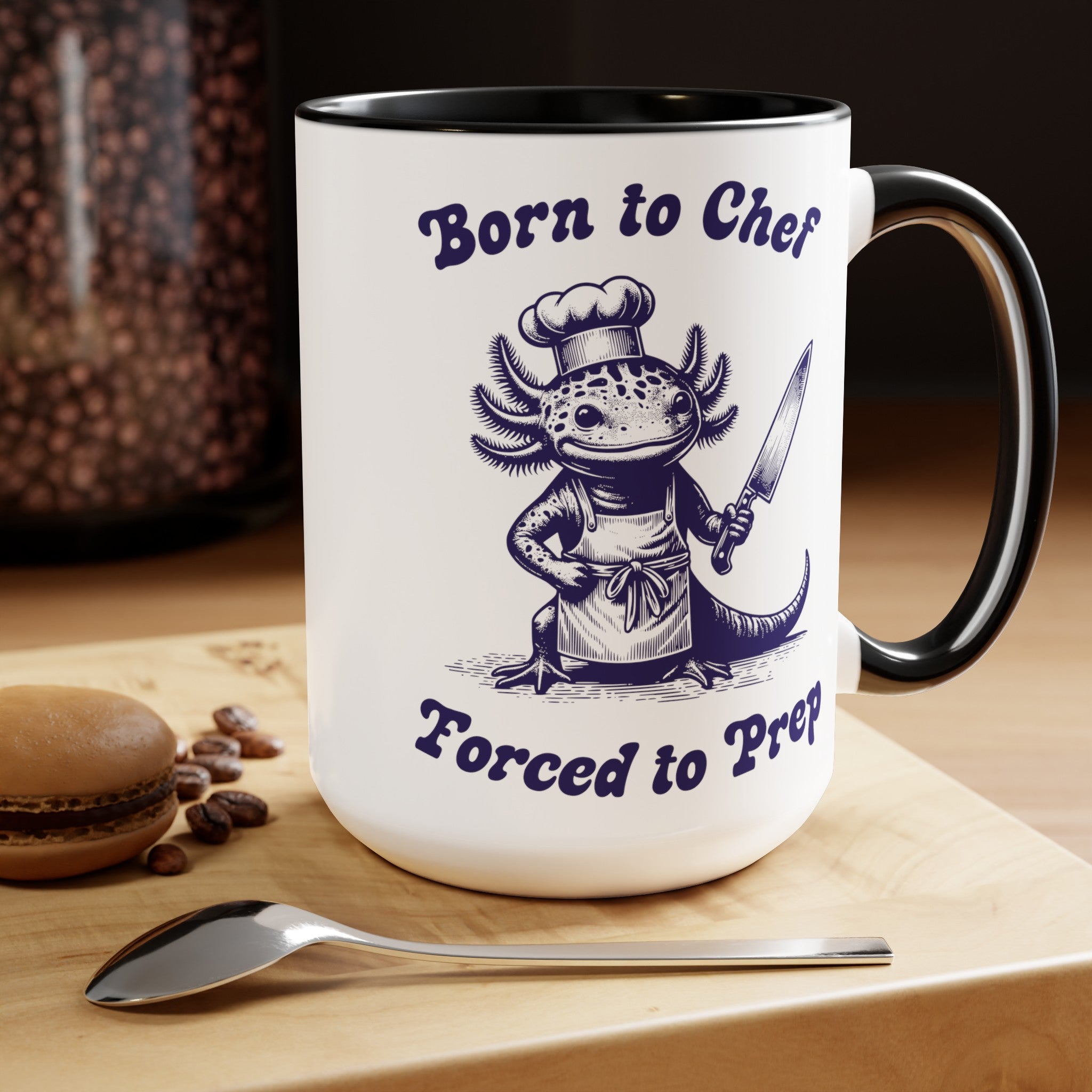Born to Chef Forced to Prep Axolotl Apron Knife Mug, 15oz Vintage Marine Biology Fun Meme Ironic Mug Gift, Chef Culinary Gift Animal Lover - Mug - Chromatic Safari - 15oz - Black