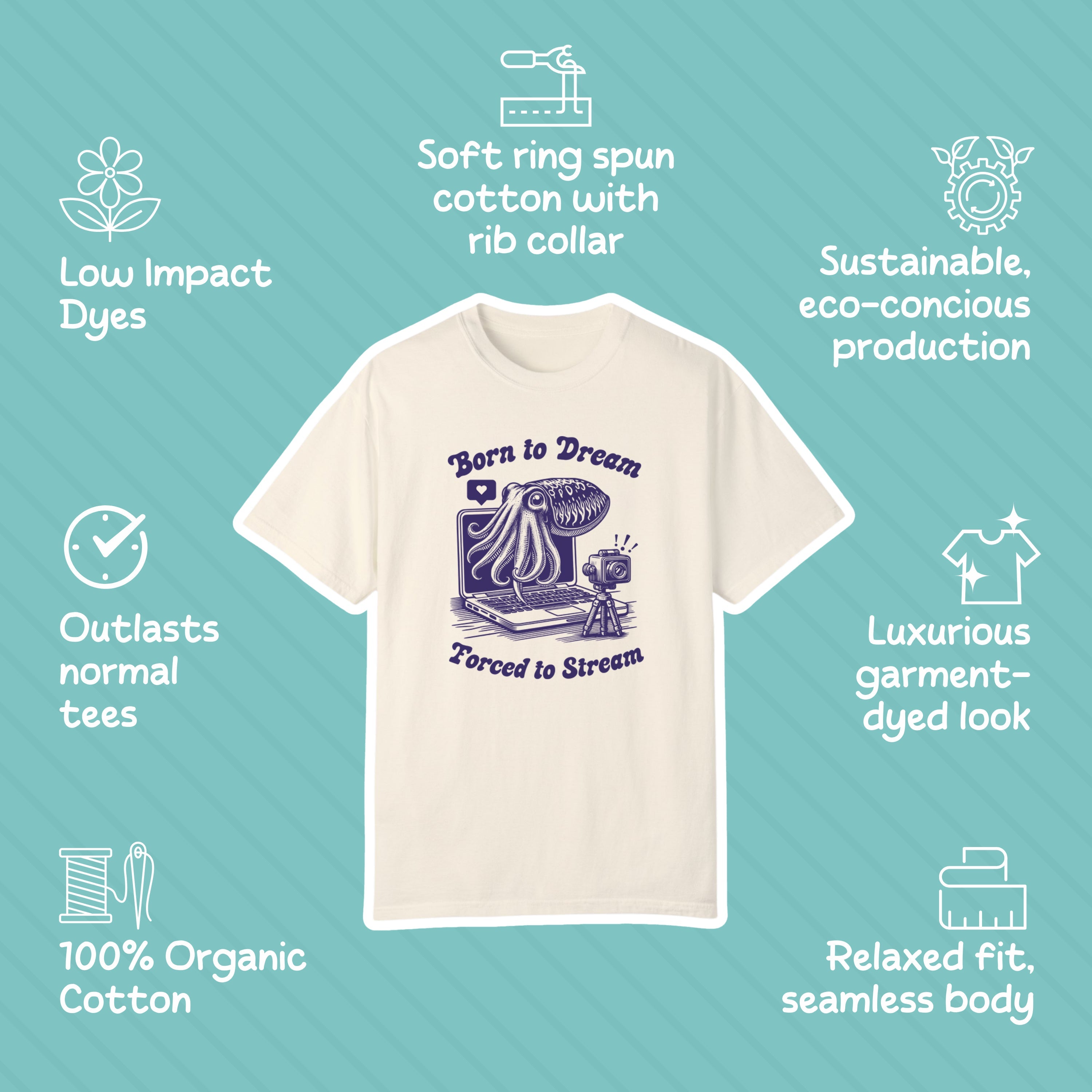 Born to Dream Forced to Stream Streamer Cuttlefish Shirt, Vintage Marine Biology Fun Meme Ironic Shirt, Students Gamer Gift Freelancer Shirt - T-Shirt - Chromatic Safari - Chambray - S