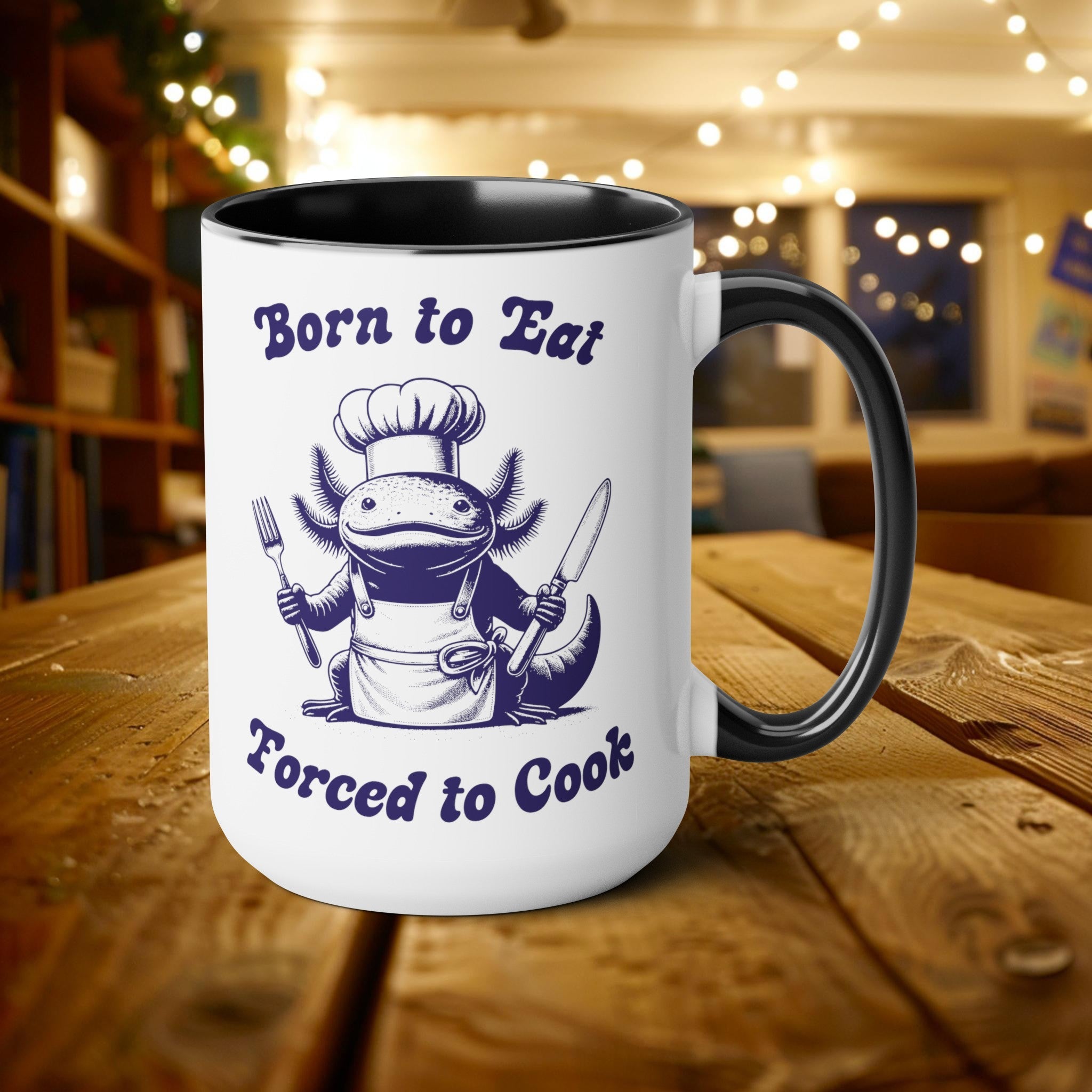 Born to Eat - Forced to Cook Chef Axolotl Mug, 15oz Vintage Marine Biology Fun Meme Ironic Mug Gift, Fun Chef Food Blogger Coffee Lover - Mug - Chromatic Safari - 15oz - Blue