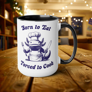 Born to Eat - Forced to Cook Chef Axolotl Mug, 15oz Vintage Marine Biology Fun Meme Ironic Mug Gift, Fun Chef Food Blogger Coffee Lover - Mug - Chromatic Safari - 15oz - Blue