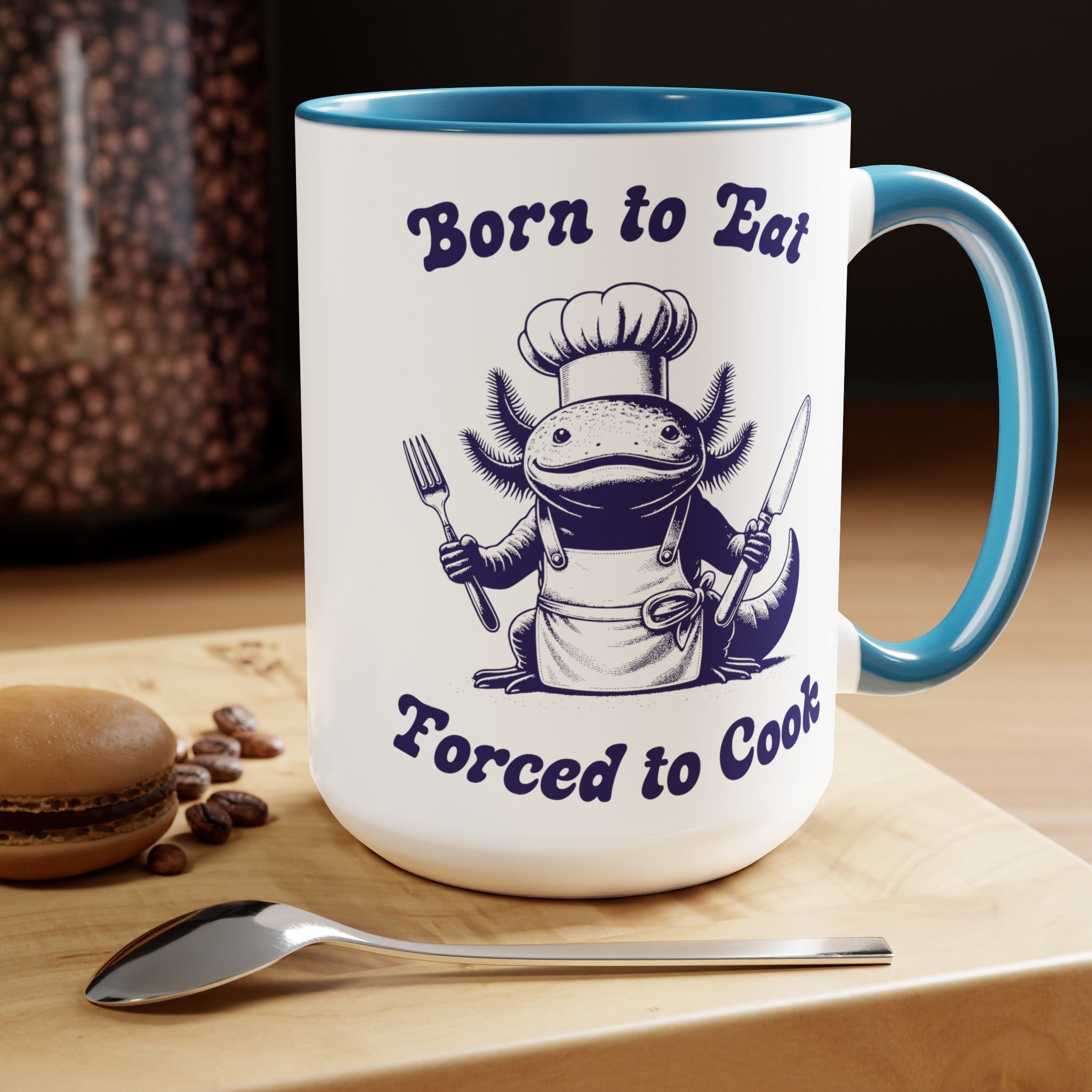 Born to Eat - Forced to Cook Chef Axolotl Mug, 15oz Vintage Marine Biology Fun Meme Ironic Mug Gift, Fun Chef Food Blogger Coffee Lover - Mug - Chromatic Safari - 15oz - Blue