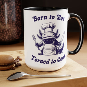 Born to Eat - Forced to Cook Chef Axolotl Mug, 15oz Vintage Marine Biology Fun Meme Ironic Mug Gift, Fun Chef Food Blogger Coffee Lover - Mug - Chromatic Safari - 15oz - Blue