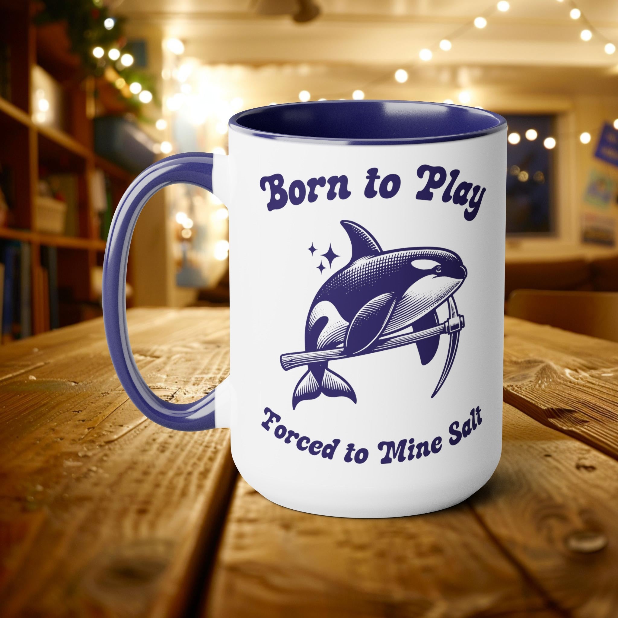 Born To Play Forced To Mine Salt Mining Orca Whale Mug, 15oz Vintage Marine Biology Fun Meme Ironic Mug Gift, Whale Gamers Crypto Miner Gift - Mug - Chromatic Safari - 15oz - Blue