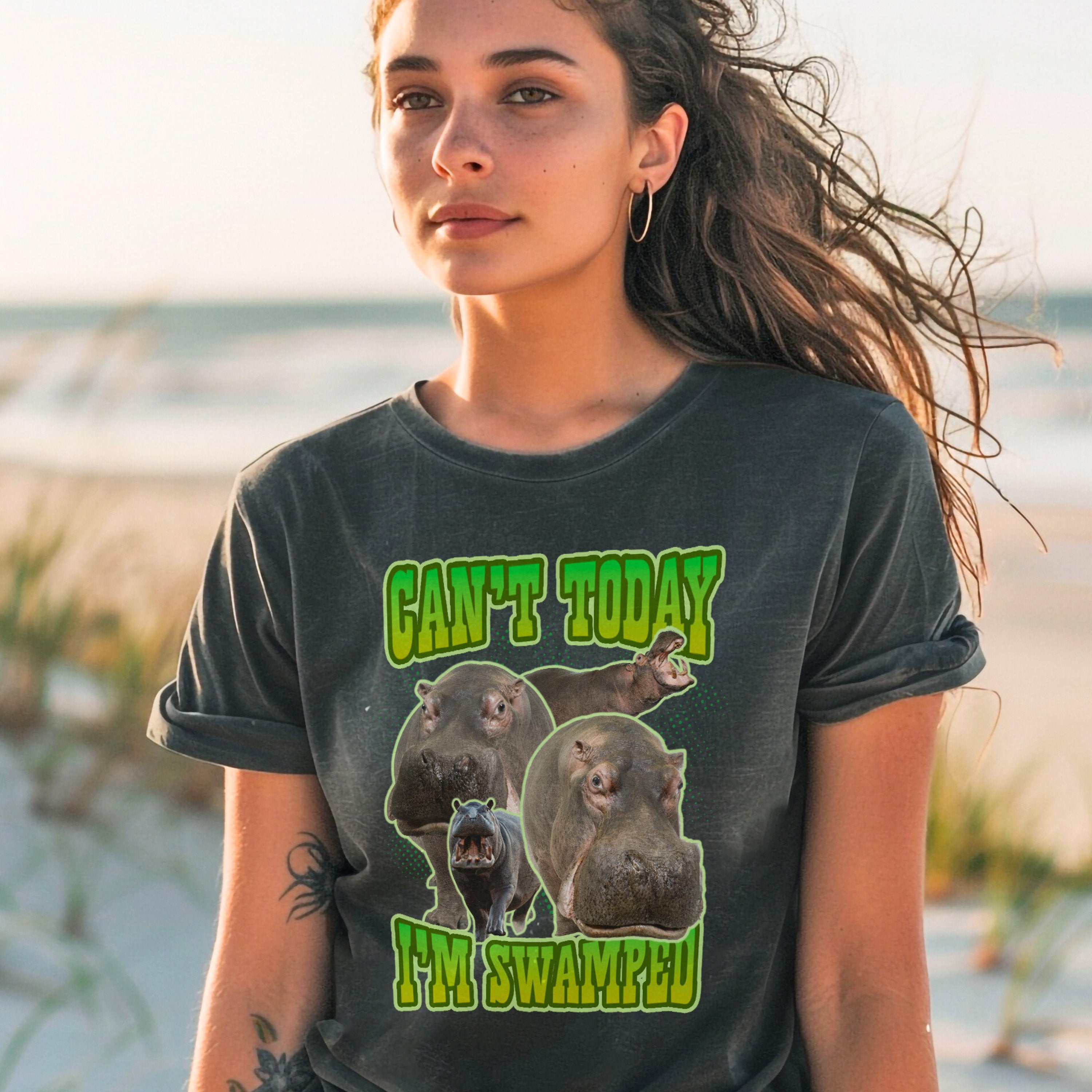 Can't Today I'm Swamped Vintage Hippopotamus Band Shirt, Marine Biology Fun Bootleg Shirt, Gift for Marine Biologist or Zookeeper - T - Shirt - Chromatic Safari - Pepper - S