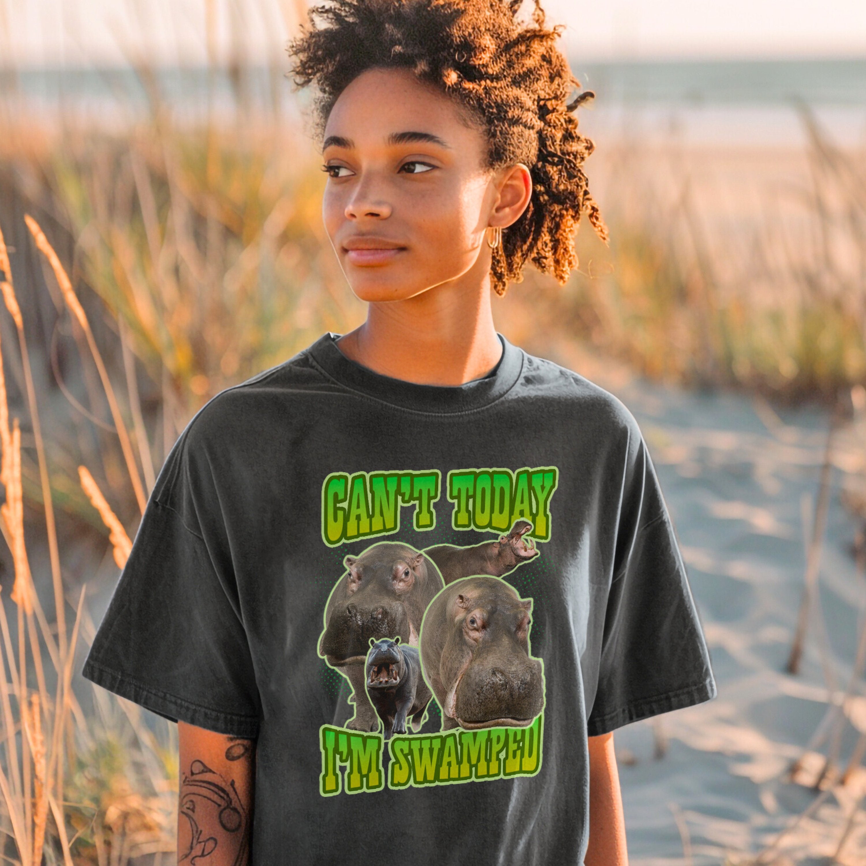 Can't Today I'm Swamped Vintage Hippopotamus Band Shirt, Marine Biology Fun Bootleg Shirt, Gift for Marine Biologist or Zookeeper - T - Shirt - Chromatic Safari - Pepper - S
