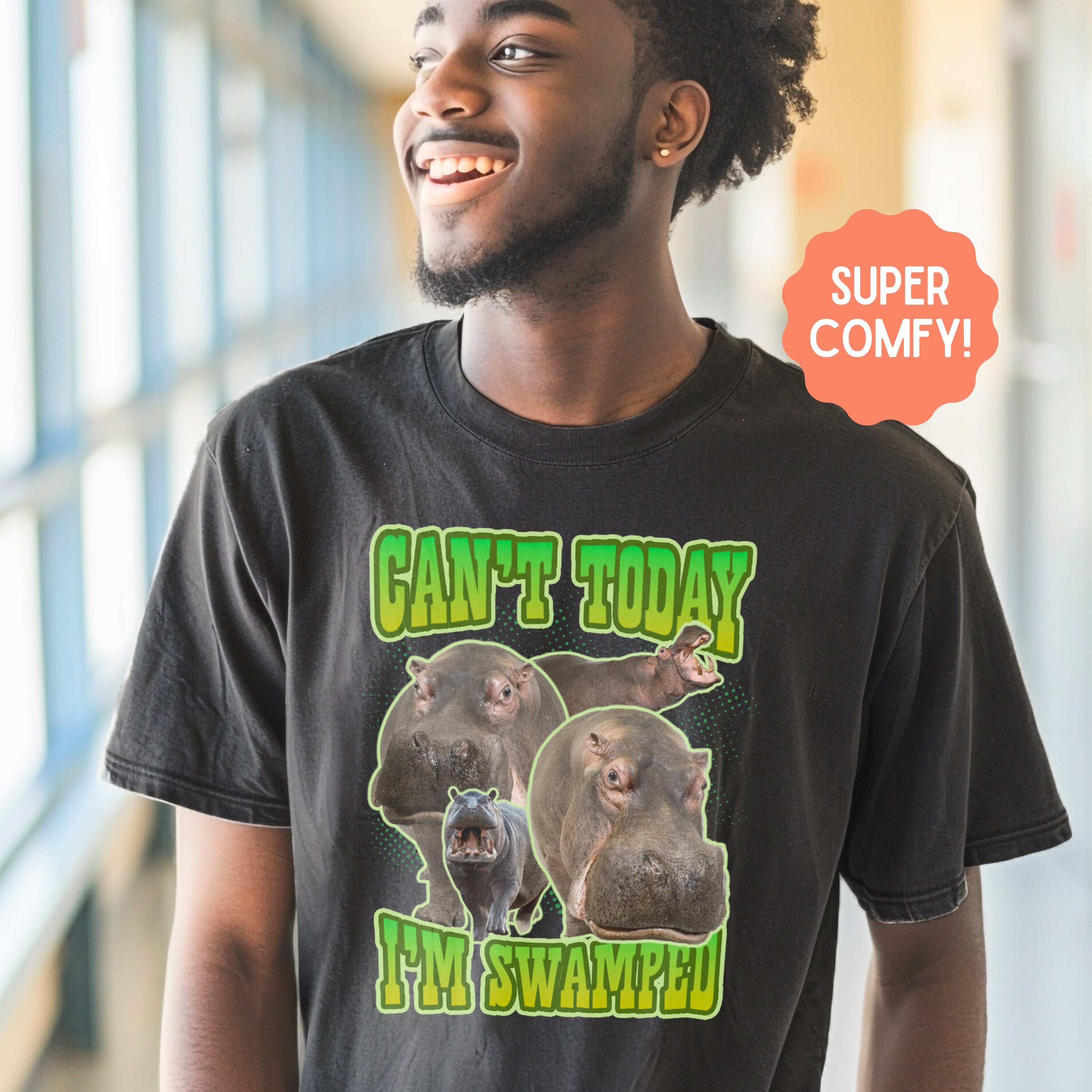 Can't Today I'm Swamped Vintage Hippopotamus Band Shirt, Marine Biology Fun Bootleg Shirt, Gift for Marine Biologist or Zookeeper - T - Shirt - Chromatic Safari - Pepper - S