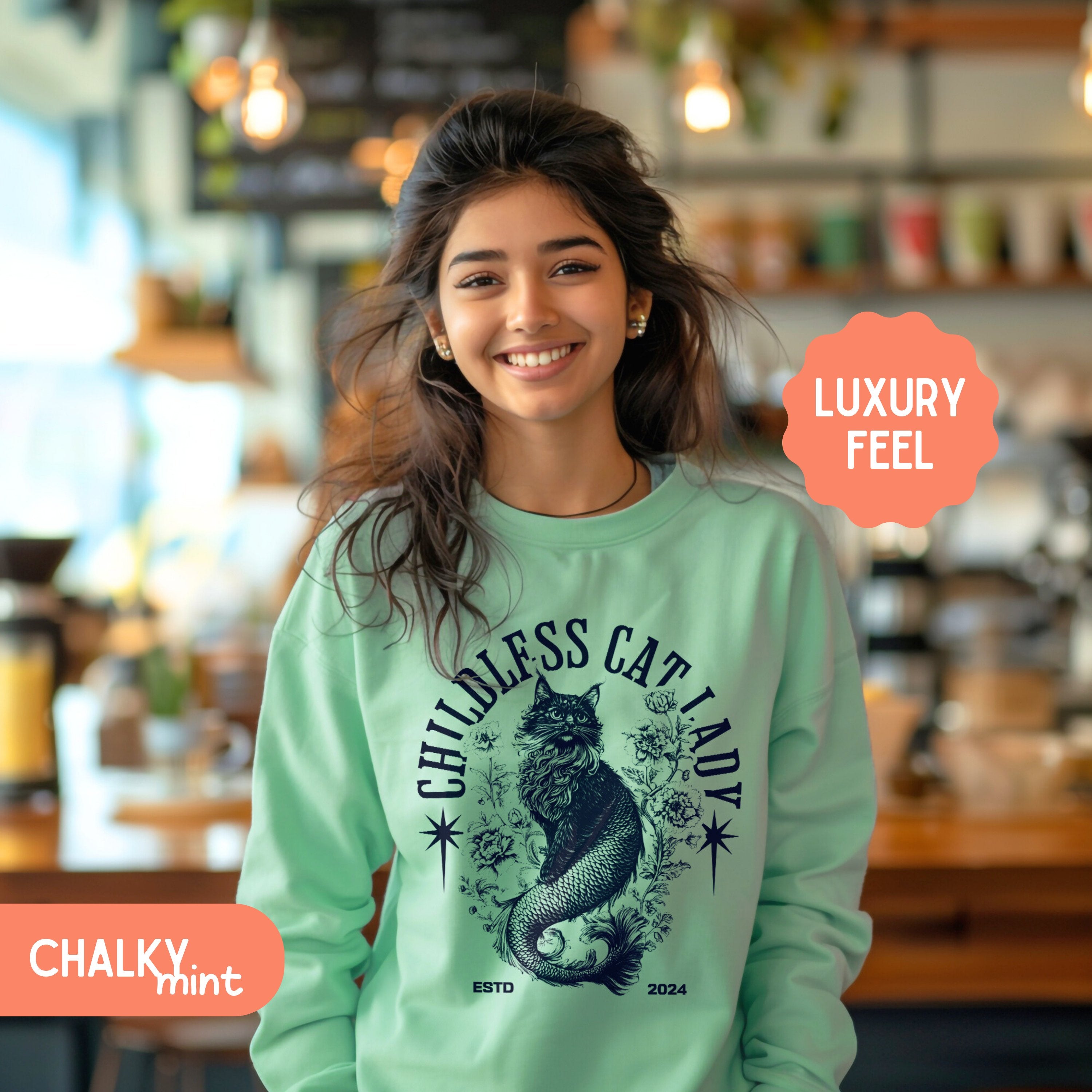 Childless Catladies Pullover Retro Cat Mermaid, Oversized Vote 2024 Sweatshirt, Gift For Childlesscat Lady - Sweatshirt - Chromatic Safari - Chalky Mint - S