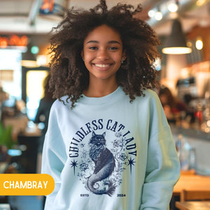 Childless Catladies Pullover Retro Cat Mermaid, Oversized Vote 2024 Sweatshirt, Gift For Childlesscat Lady - Sweatshirt - Chromatic Safari - Chambray - S