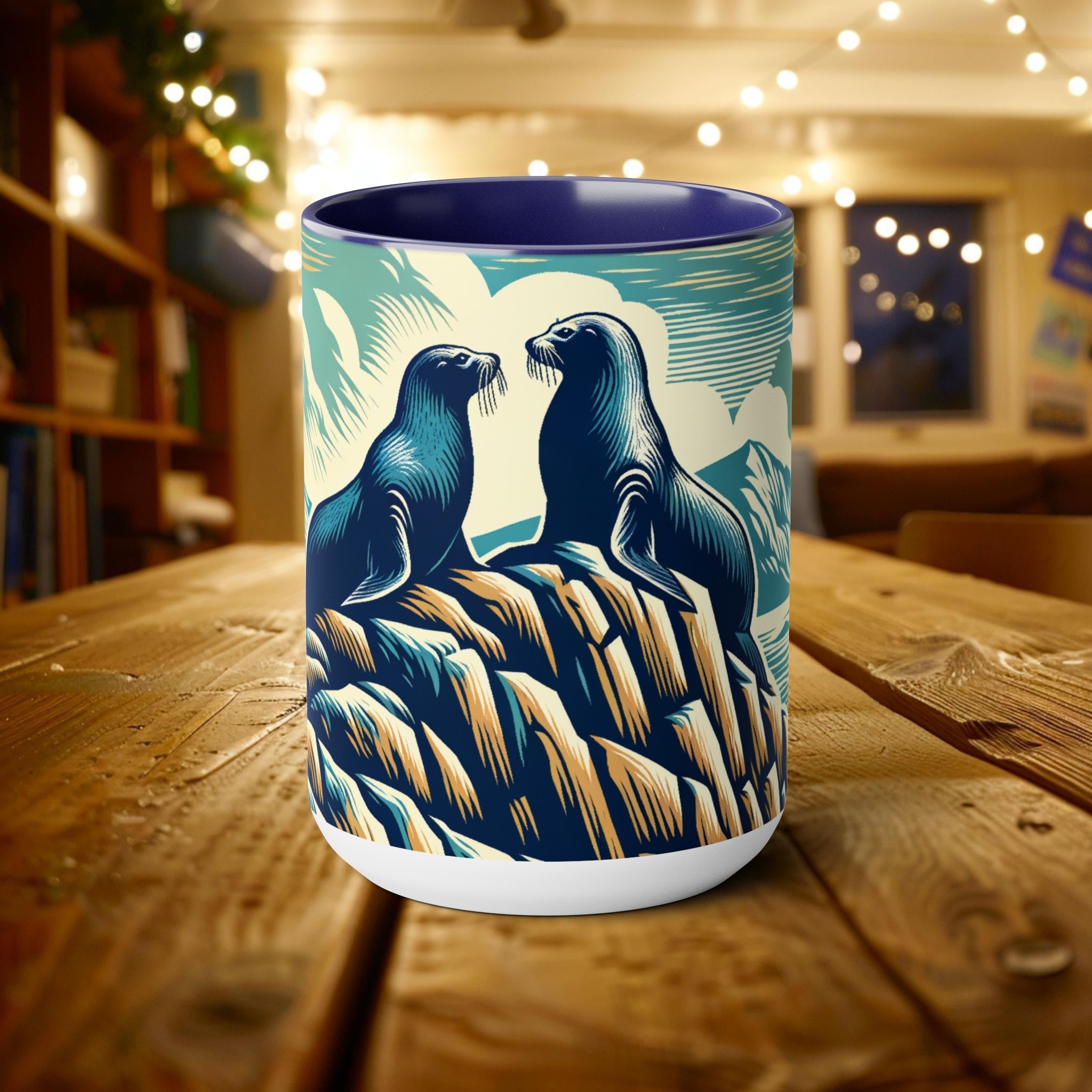 Couple Harbor Seal Mug Woodcut Illustration, Ocean Conservation Gift 15 oz Ceramic Coffee Cup, Marine Life Enthusiast Seal Lover Divers Gift - Mug - Chromatic Safari - 15oz - Blue