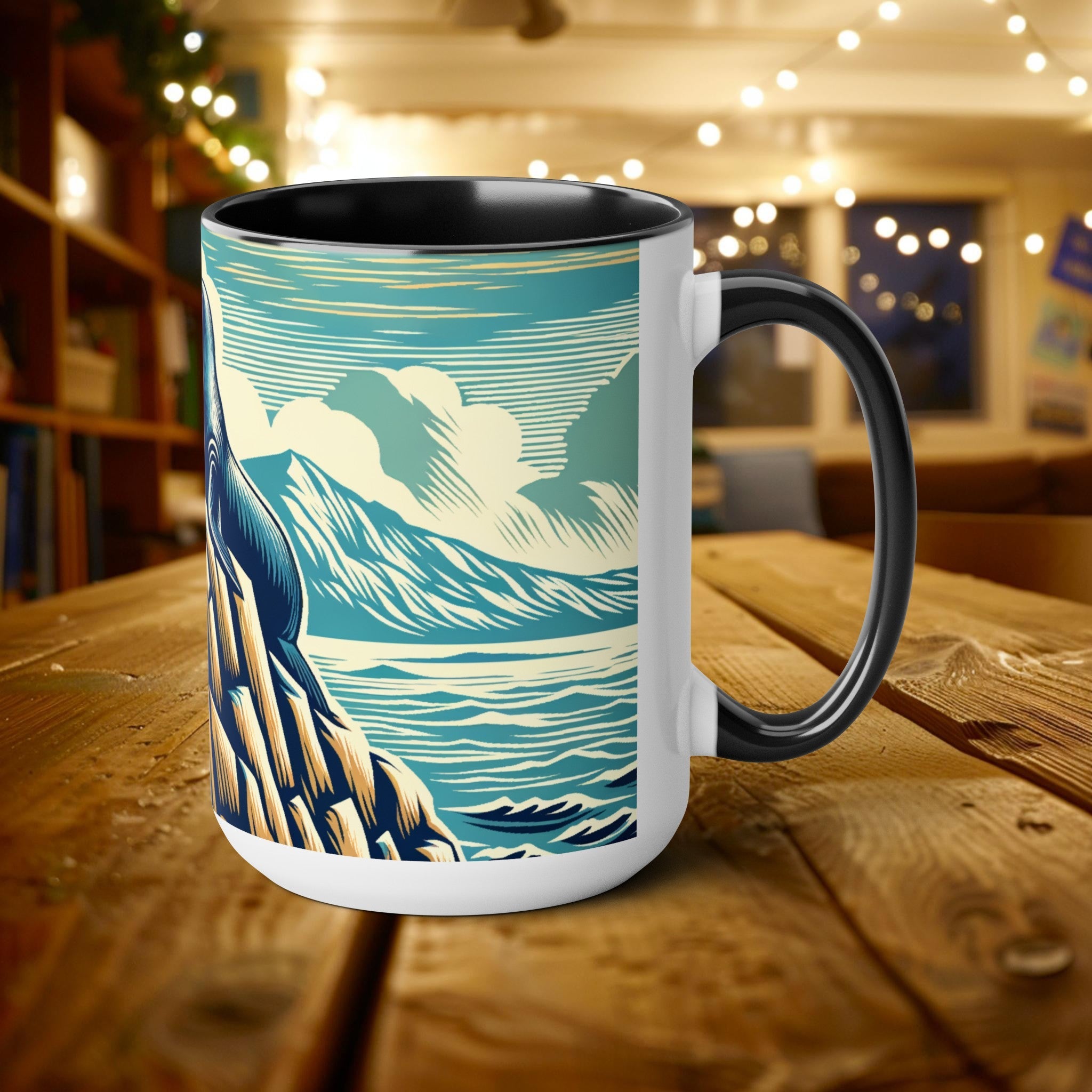 Couple Harbor Seal Mug Woodcut Illustration, Ocean Conservation Gift 15 oz Ceramic Coffee Cup, Marine Life Enthusiast Seal Lover Divers Gift - Mug - Chromatic Safari - 15oz - Light Blue