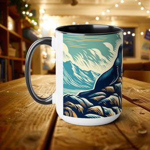 Couple Harbor Seal Mug Woodcut Illustration, Ocean Conservation Gift 15 oz Ceramic Coffee Cup, Marine Life Enthusiast Seal Lover Divers Gift - Mug - Chromatic Safari - 15oz - Light Blue