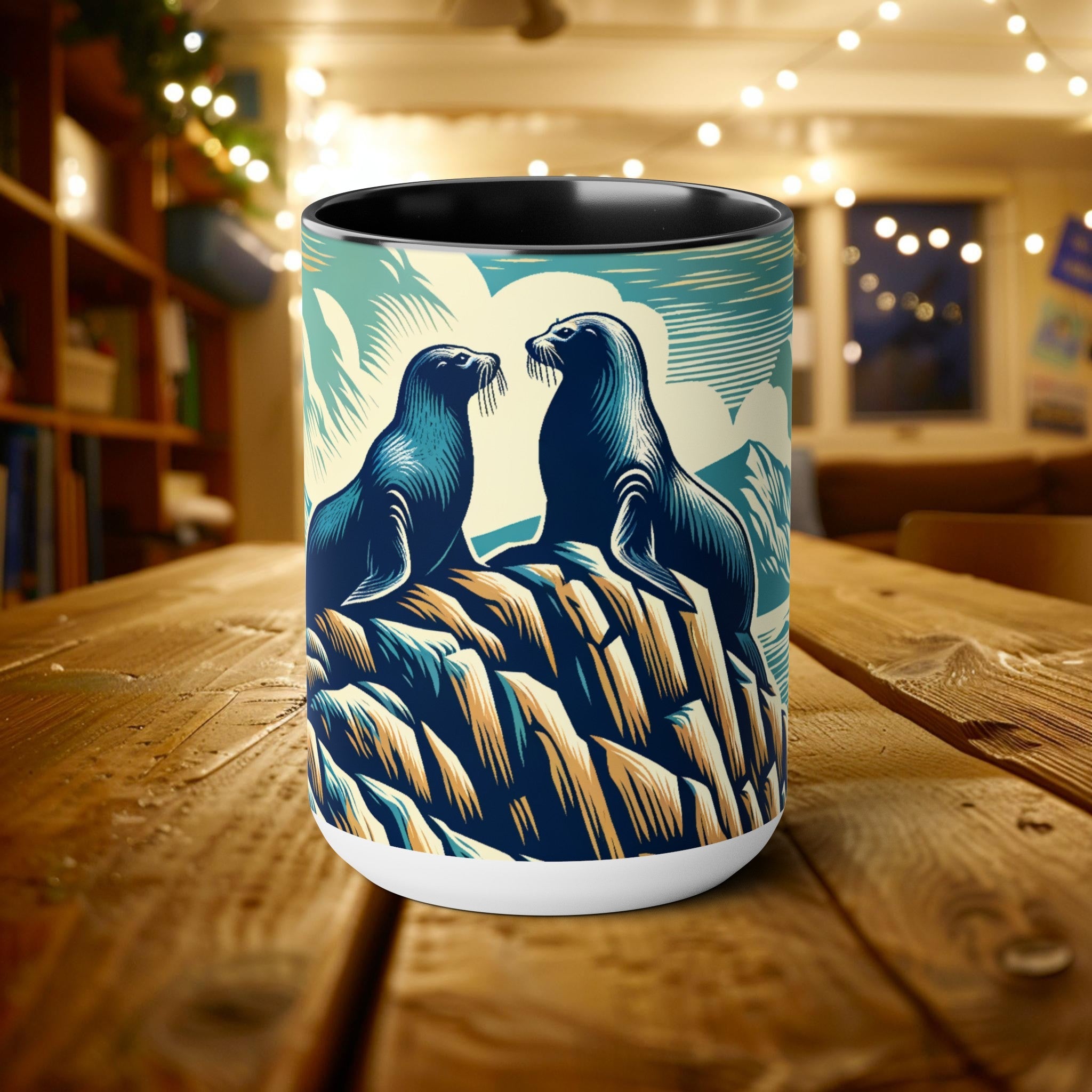 Couple Harbor Seal Mug Woodcut Illustration, Ocean Conservation Gift 15 oz Ceramic Coffee Cup, Marine Life Enthusiast Seal Lover Divers Gift - Mug - Chromatic Safari - 15oz - Black