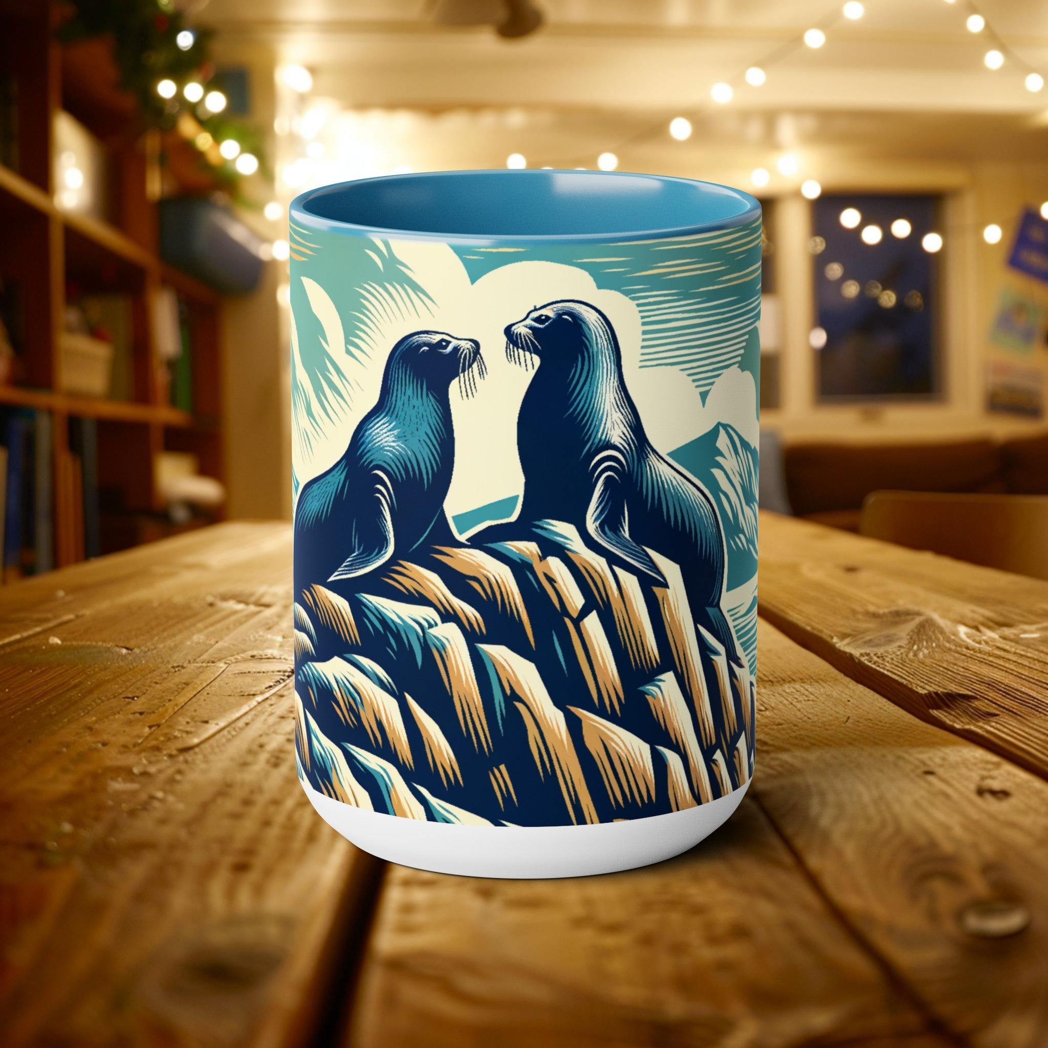 Couple Harbor Seal Mug Woodcut Illustration, Ocean Conservation Gift 15 oz Ceramic Coffee Cup, Marine Life Enthusiast Seal Lover Divers Gift - Mug - Chromatic Safari - 15oz - Light Blue