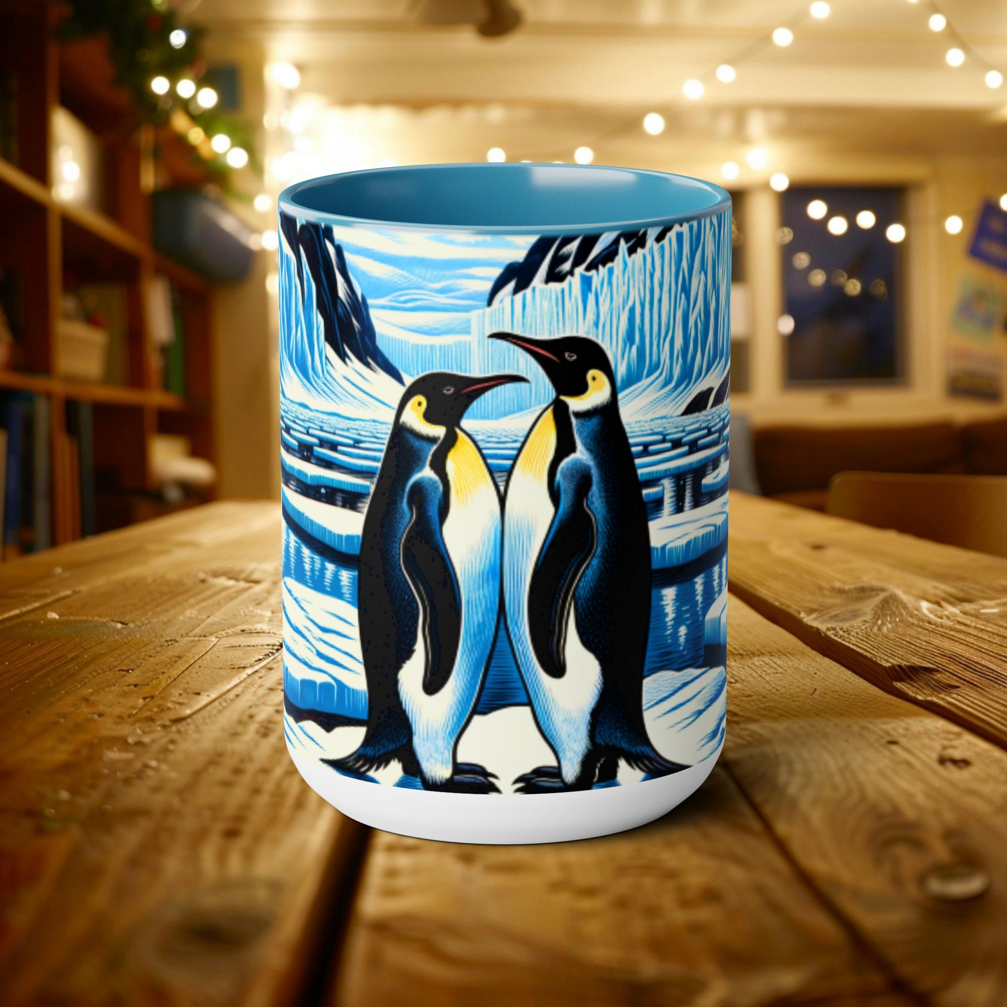 Couple Love Penguins Mug 15 oz | Woodcut Design Latte Mug Coffee Cup | Gift for Sea Mammal Lovers & Conservationists - Mug - Chromatic Safari - 15oz - Light Blue