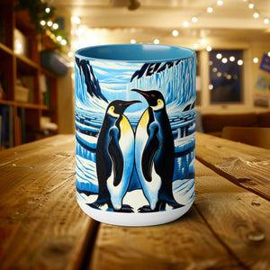 Couple Love Penguins Mug 15 oz | Woodcut Design Latte Mug Coffee Cup | Gift for Sea Mammal Lovers & Conservationists - Mug - Chromatic Safari - 15oz - Light Blue